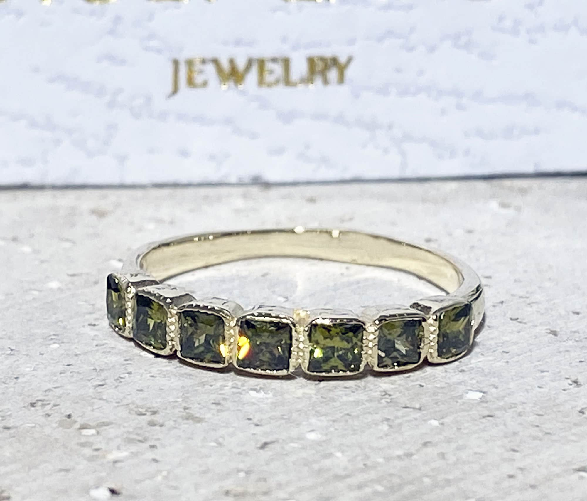 Peridot Ring - August Birthstone - Stacking Half Eternity Ring with Seven Square Peridot Gemstones - H.L.Jewelry