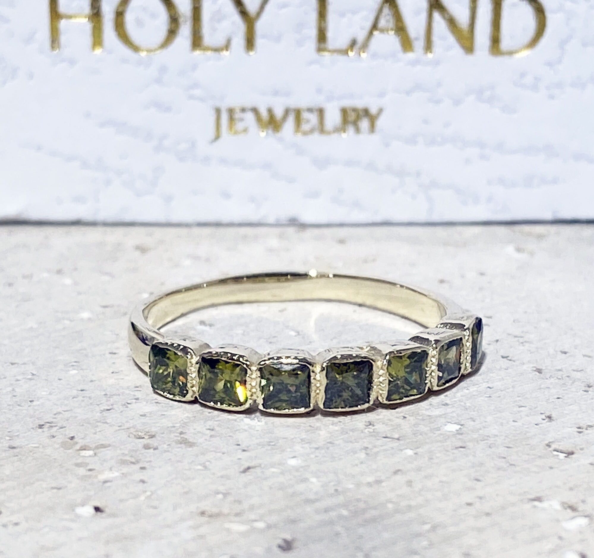 Peridot Ring - August Birthstone - Stacking Half Eternity Ring with Seven Square Peridot Gemstones - H.L.Jewelry