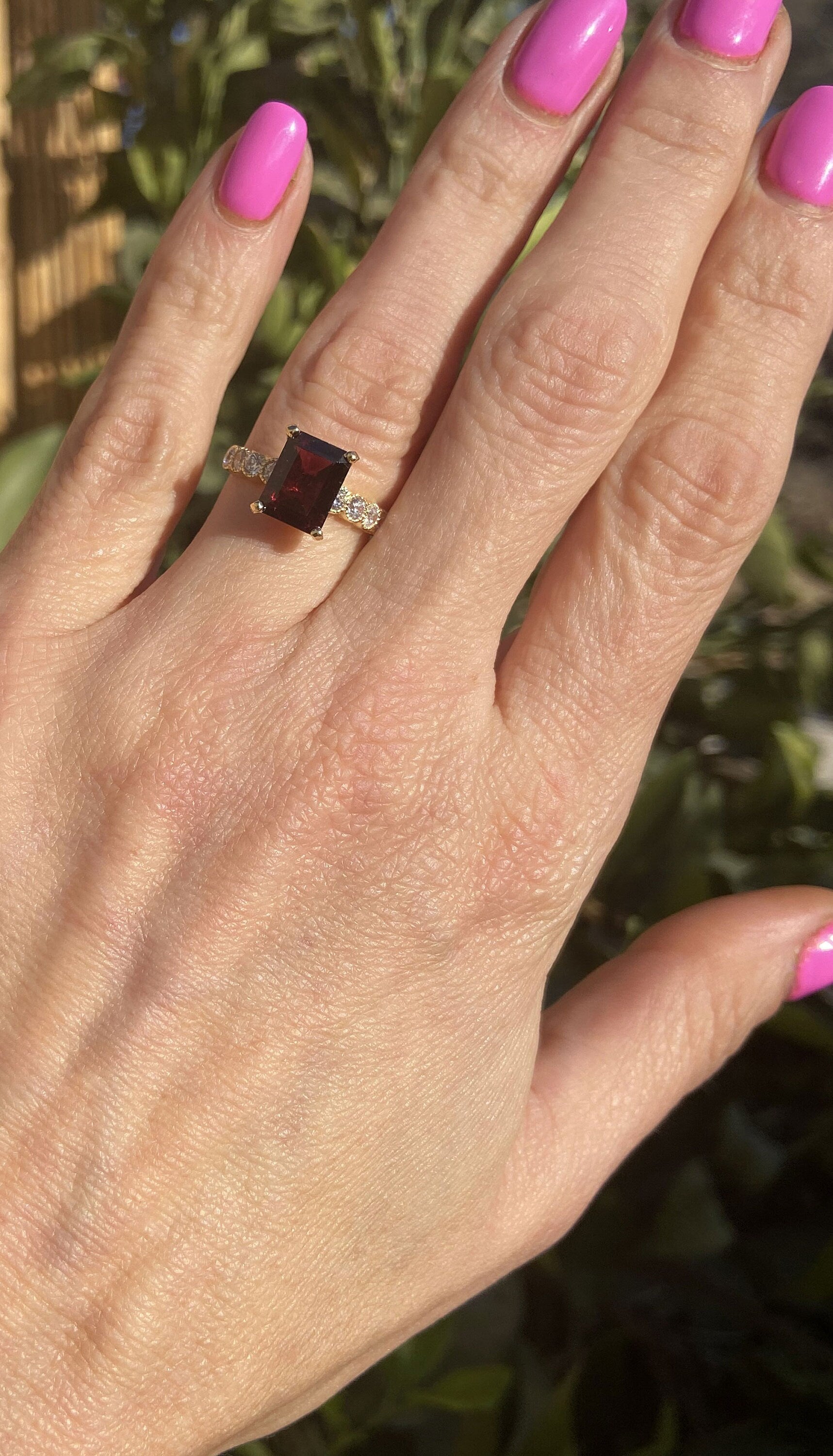 Red Garnet Ring - January Birthstone - Octagon Red Garnet Gemstone Statement Engagement Ring with Clear Quartz Accents - H.L.Jewelry