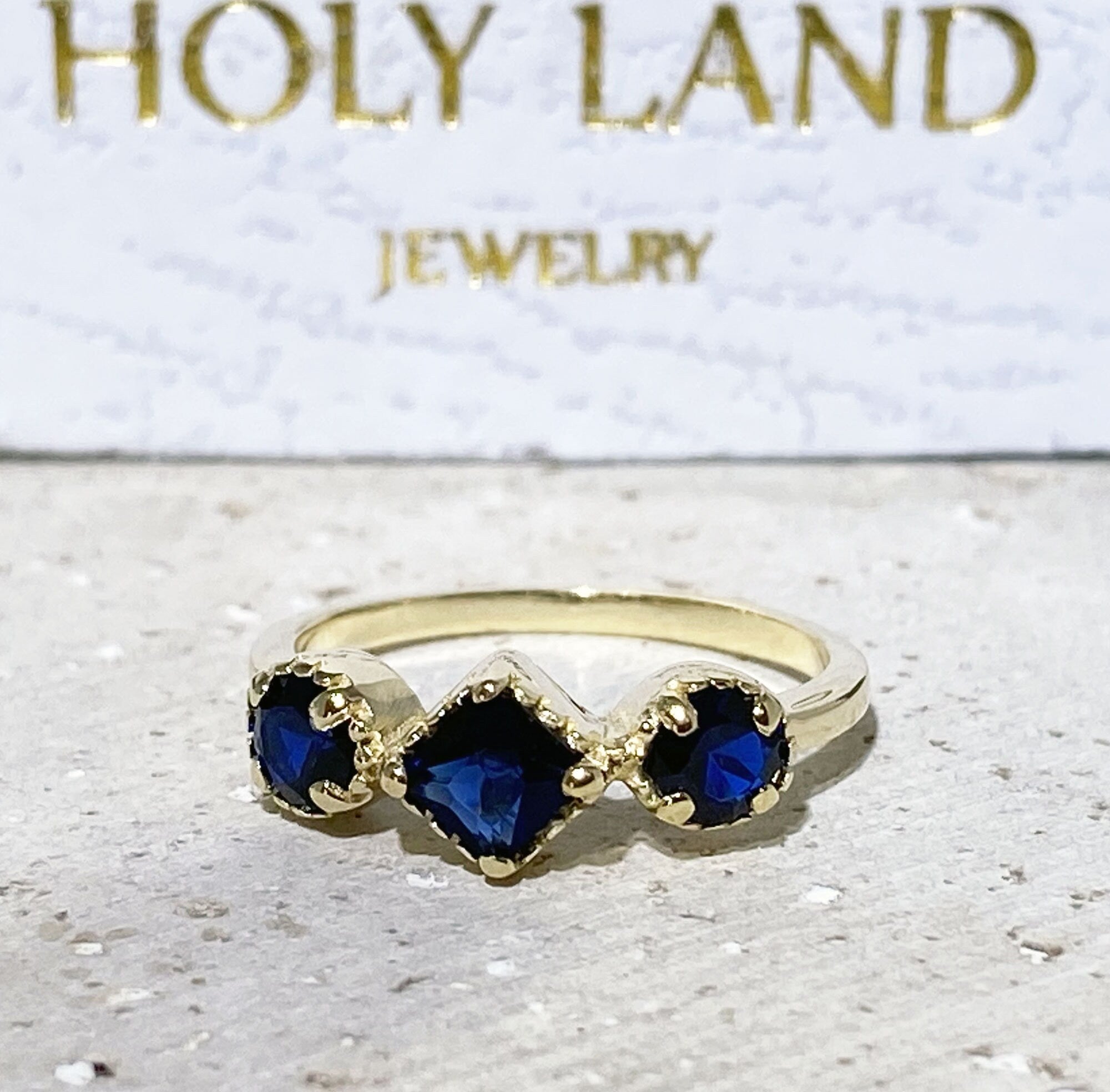 Blue Sapphire Ring - September Birthstone - Three Stone Ring - Ring with Square Blue Sapphire Gemstone and Side Accents - H.L.Jewelry