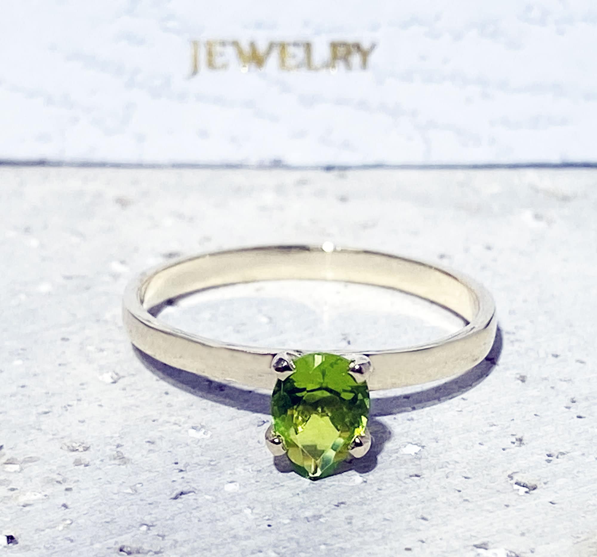 Peridot Ring - August Birthstone - Solitaire Ring with Pear-Shaped Peridot Gemstone - H.L.Jewelry