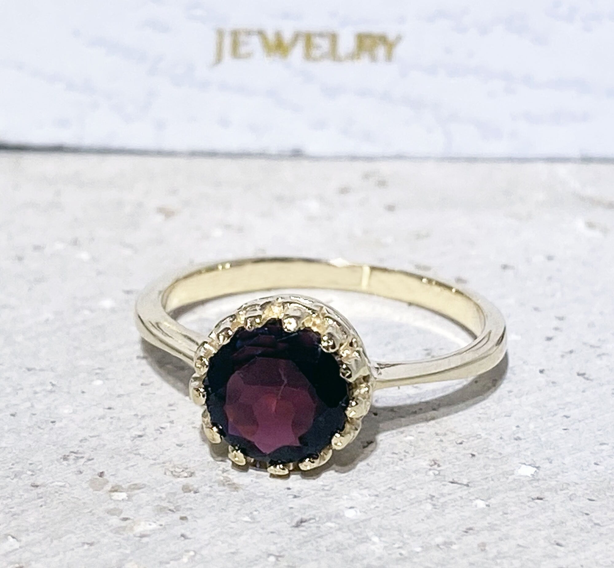 Red Garnet Ring - January Birthstone - Red Garnet Gemstone Round Crown Ring - H.L.Jewelry