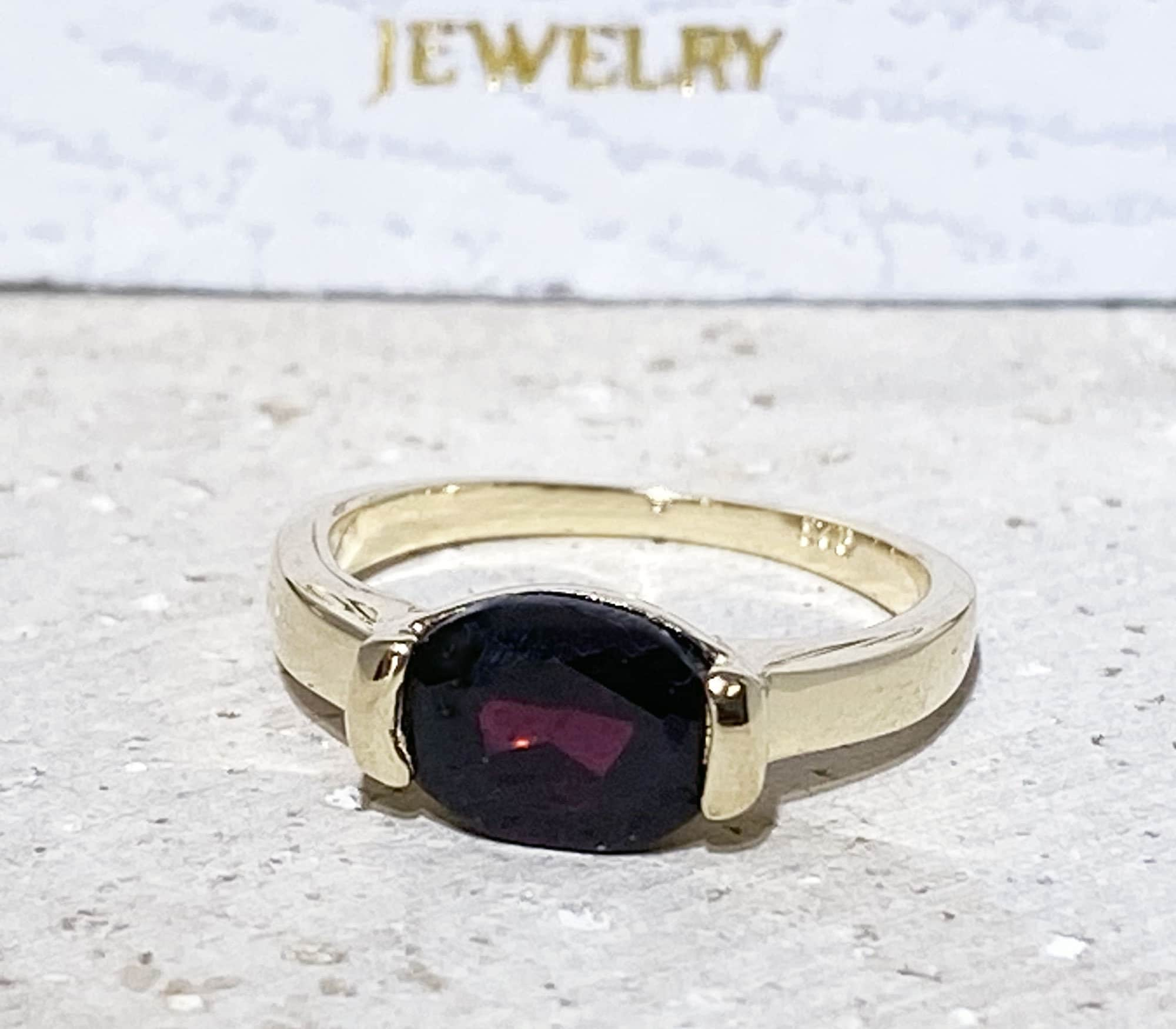 Red Garnet Ring - January Birthstone - Simple Ring with Oval Red Garnet Gemstone - H.L.Jewelry