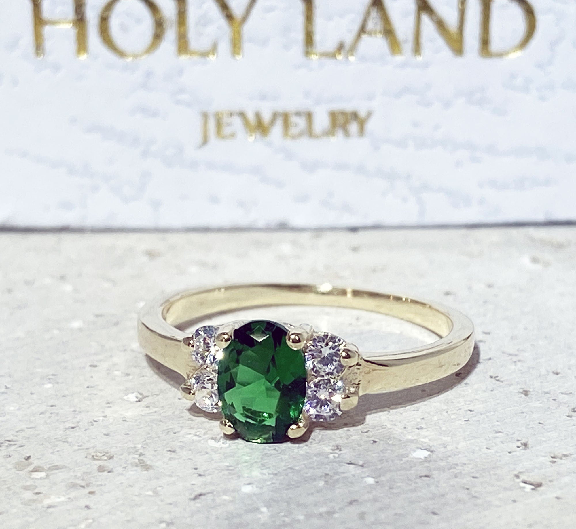 Emerald Ring - May Birthstone - Delicate Ring with Oval Emerald Gemstone and Clear Quartz Accents - H.L.Jewelry