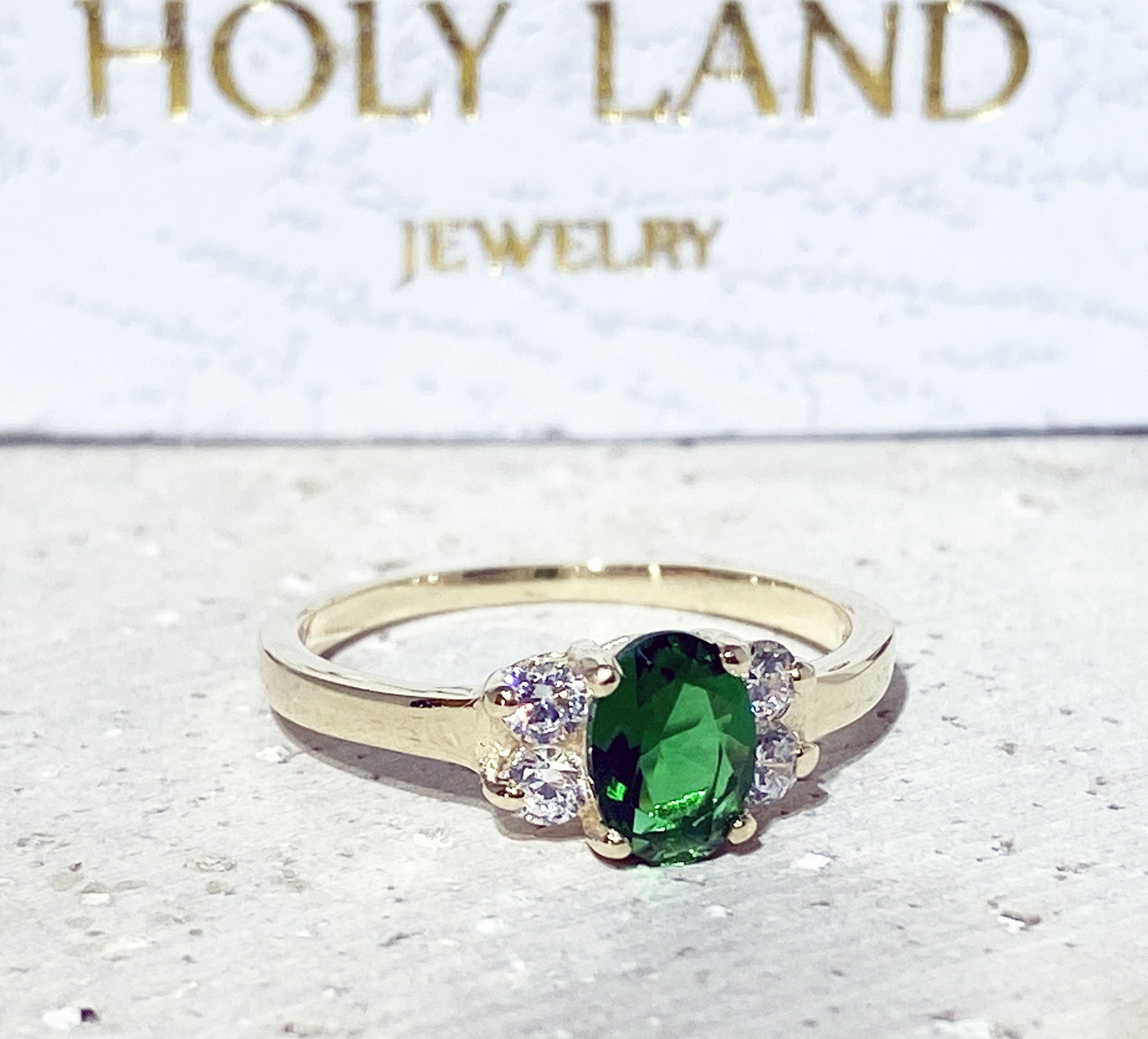 Emerald Ring - May Birthstone - Delicate Ring with Oval Emerald Gemstone and Clear Quartz Accents - H.L.Jewelry