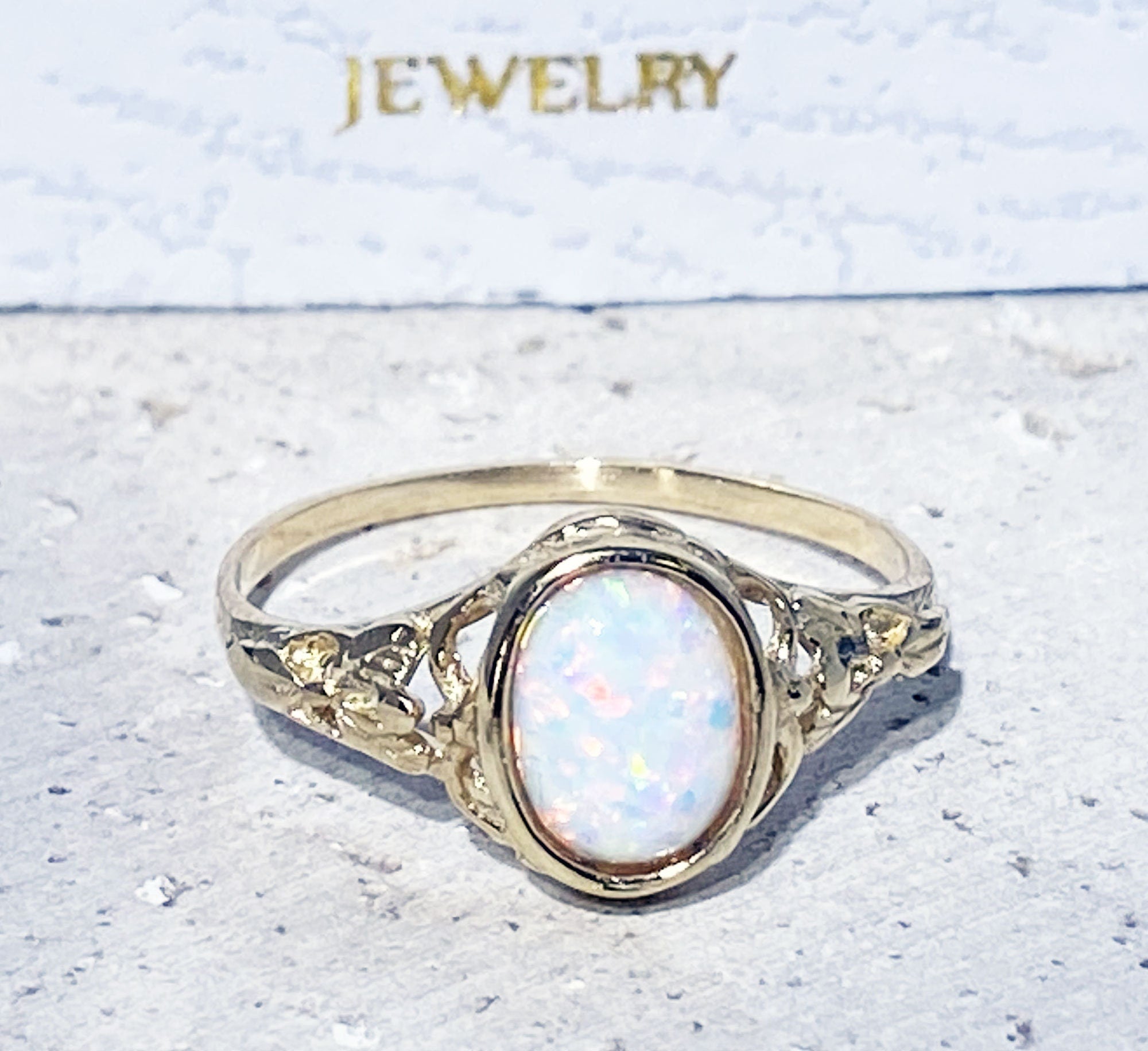 White Opal Ring - Oval White Opal Gemstone Lace Ring - H.L.Jewelry