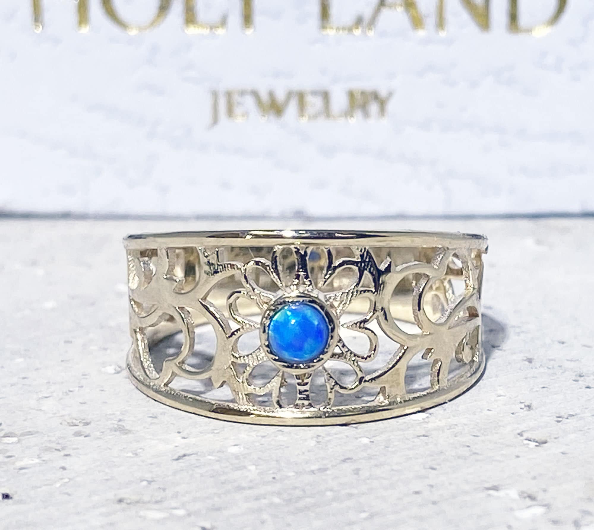 Blue Opal Ring - October Birthstone Jewelry - Lace Wide Band Ring with Blue Opal Gemstone - H.L.Jewelry