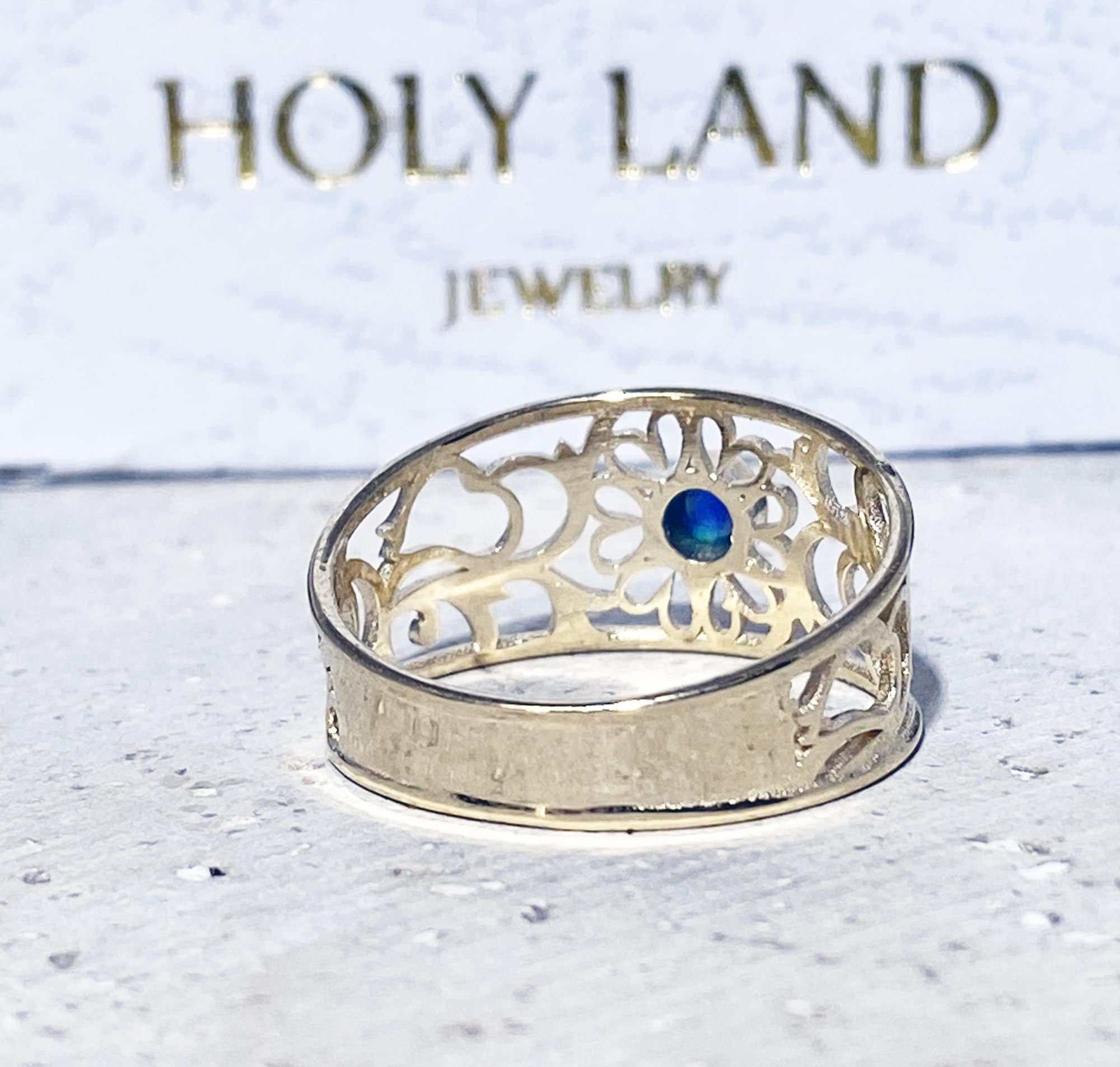 Blue Opal Ring - October Birthstone Jewelry - Lace Wide Band Ring with Blue Opal Gemstone - H.L.Jewelry