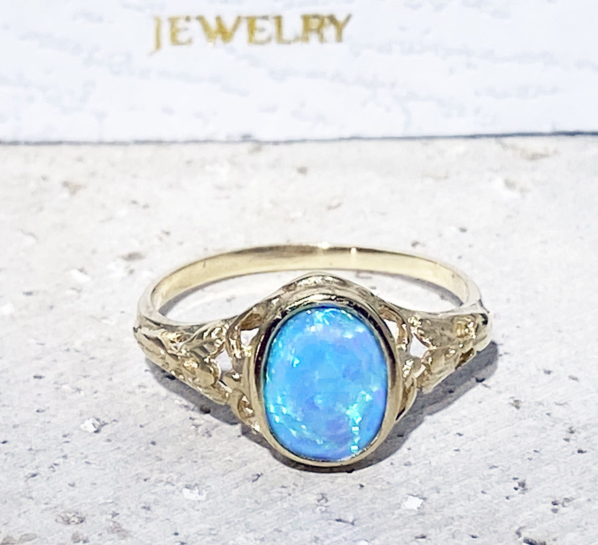 Blue Opal Ring - October Birthstone - Oval Blue Opal Gemstone Lace Ring - H.L.Jewelry