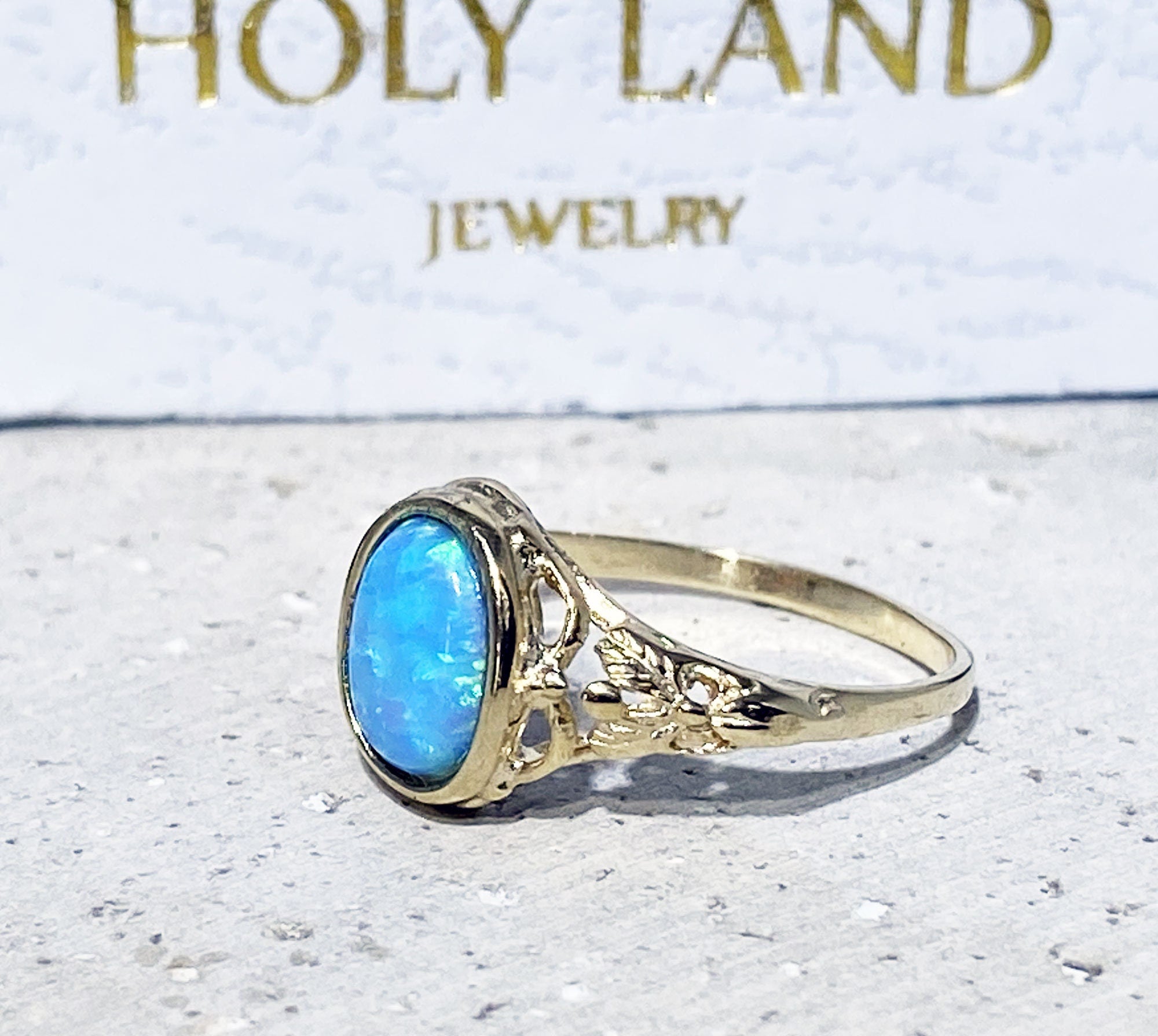 Blue Opal Ring - October Birthstone - Oval Blue Opal Gemstone Lace Ring - H.L.Jewelry