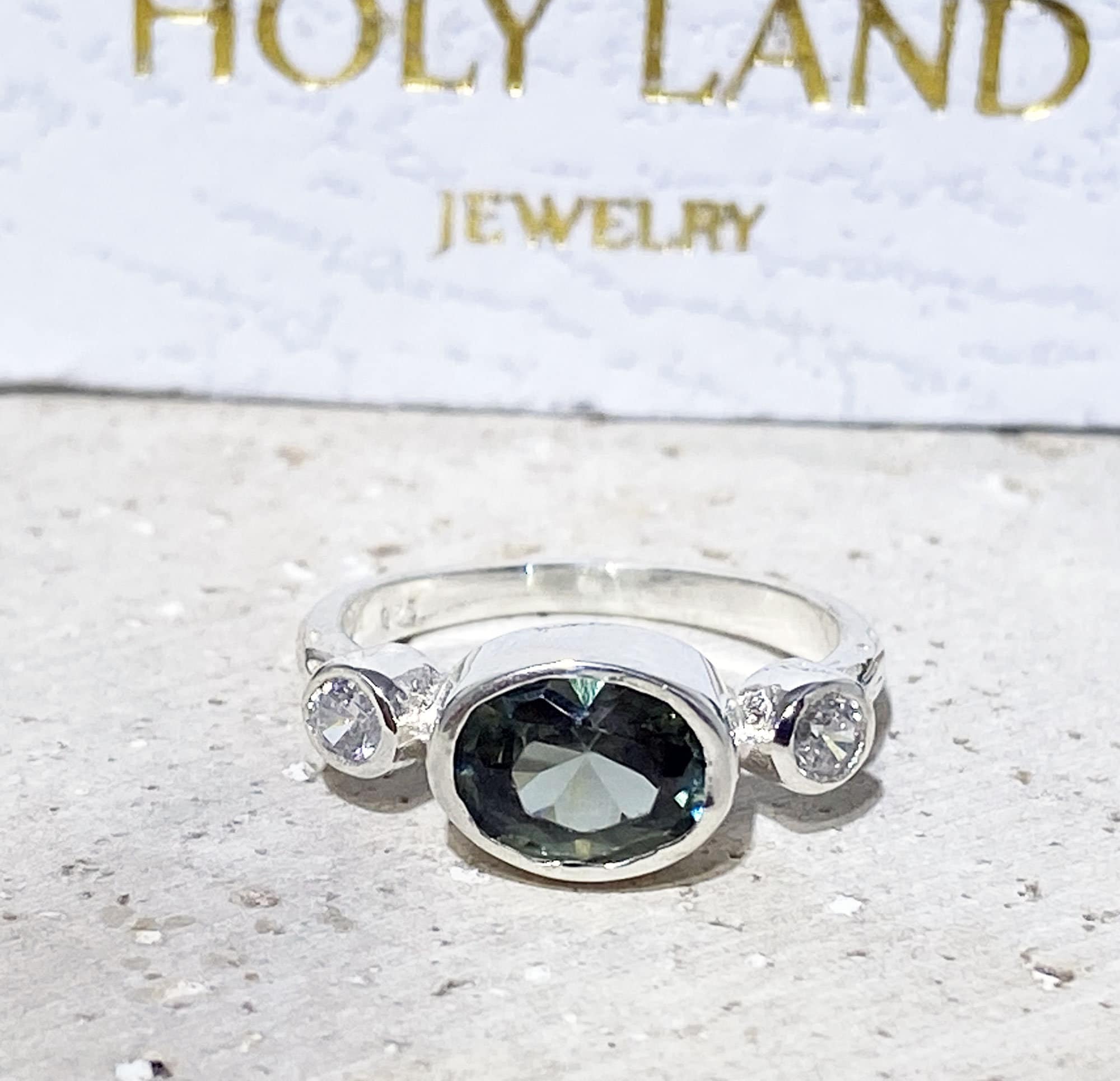 Green Tourmaline Ring - Bezel Set Ring with Oval Green Tourmaline Gemstone and Clear Quartz Accents - H.L.Jewelry