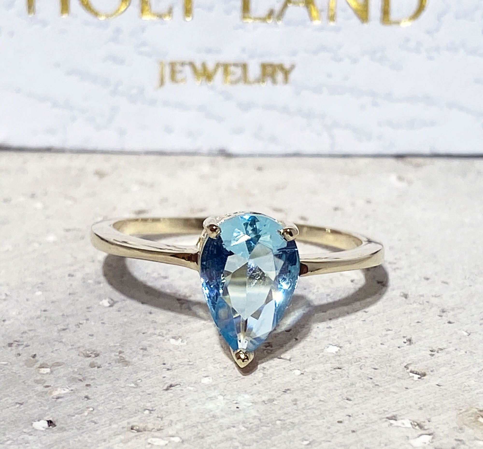 Aquamarine Ring - Marth Birthstone Jewelry - Lace Setting Ring with Pear-Shaped Aquamarine Gemstone - H.L.Jewelry