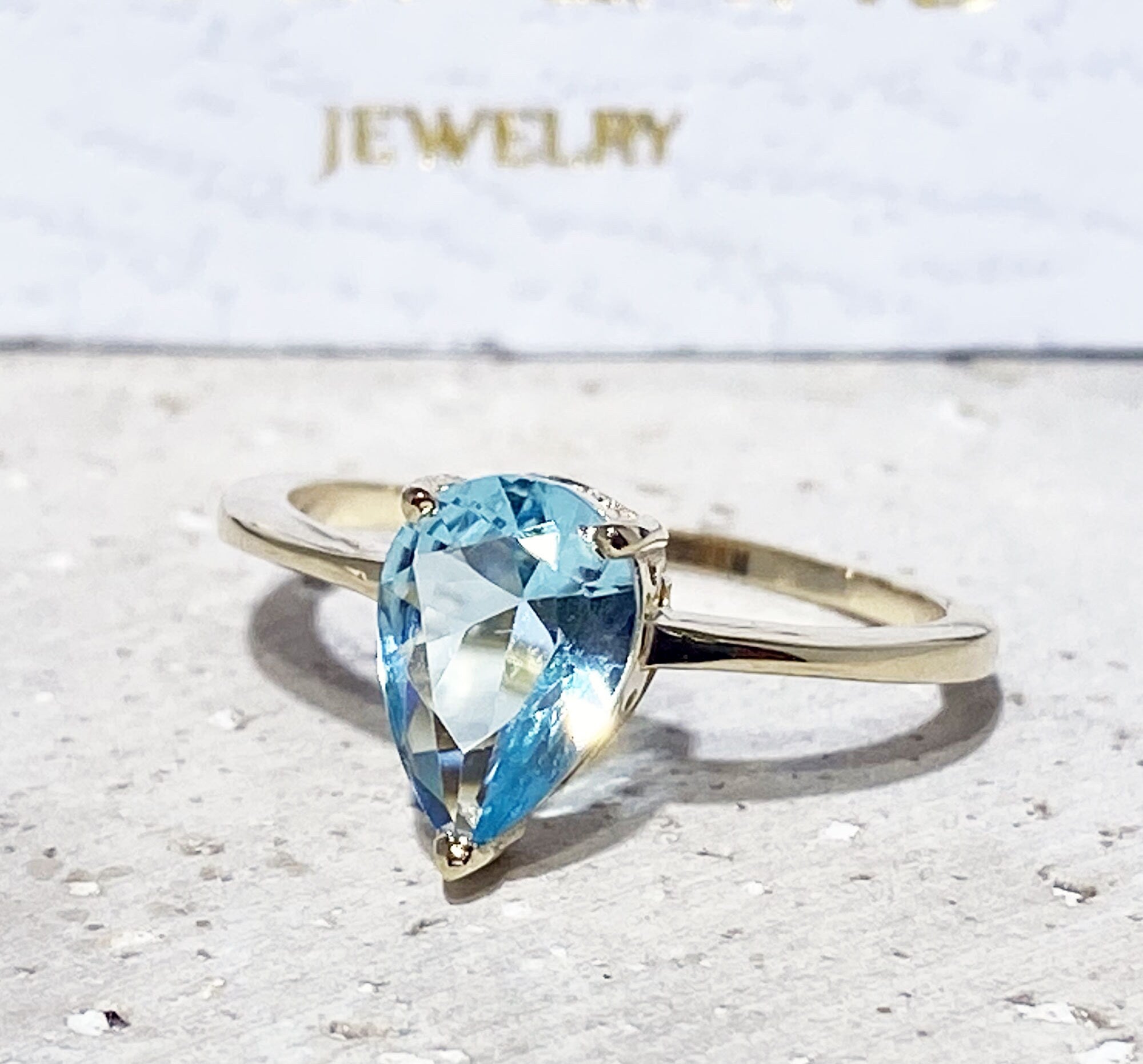 Aquamarine Ring - Marth Birthstone Jewelry - Lace Setting Ring with Pear-Shaped Aquamarine Gemstone - H.L.Jewelry