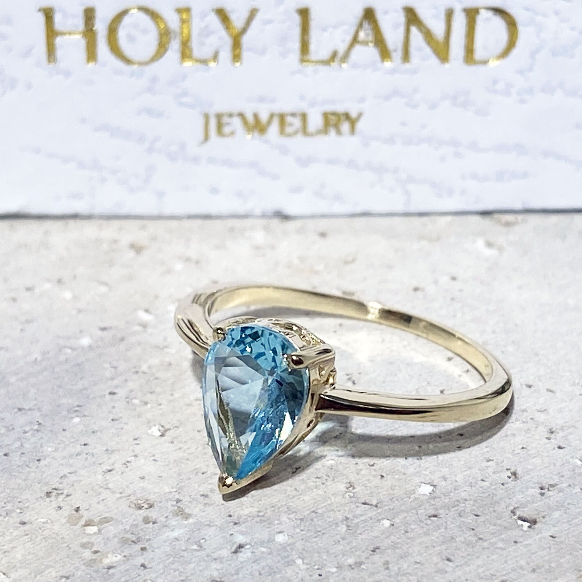 Aquamarine Ring - Marth Birthstone Jewelry - Lace Setting Ring with Pear-Shaped Aquamarine Gemstone - H.L.Jewelry