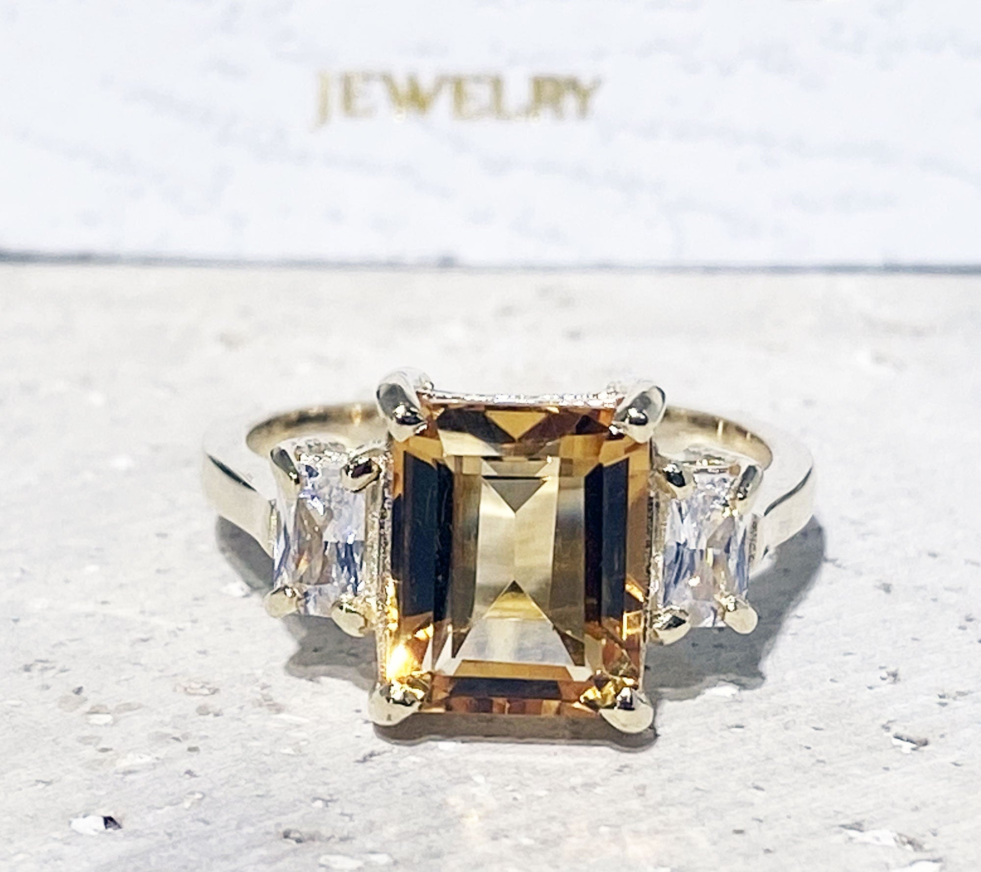 Citrine ring - November Birthstone - Octagon Citrine Gemstone Statement Engagement Ring with Clear Quartz Accents - H.L.Jewelry