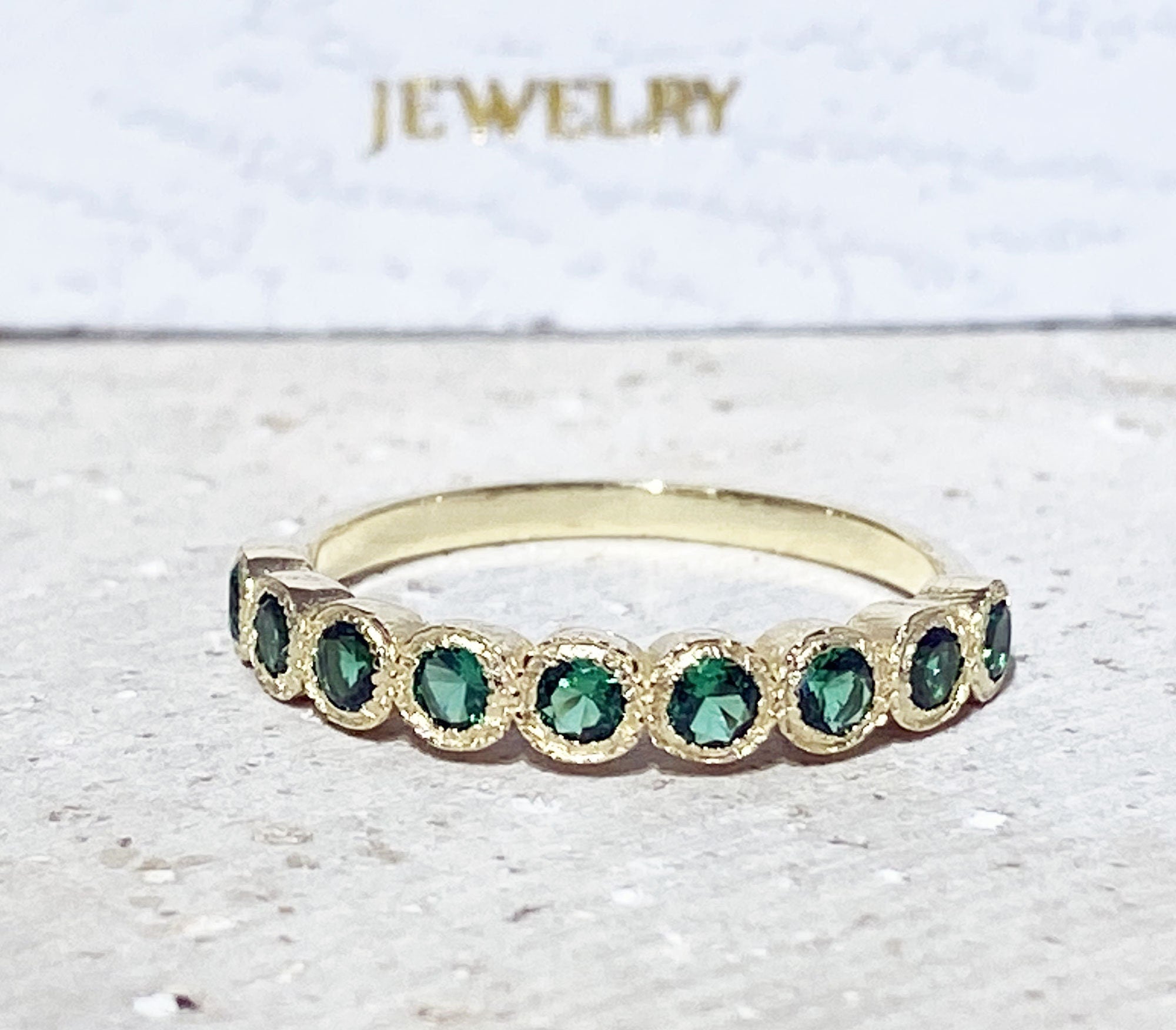 Emerald Ring - May Birthstone Jewelry - Stacking Half Eternity Ring with Nine Round Emeralds - H.L.Jewelry