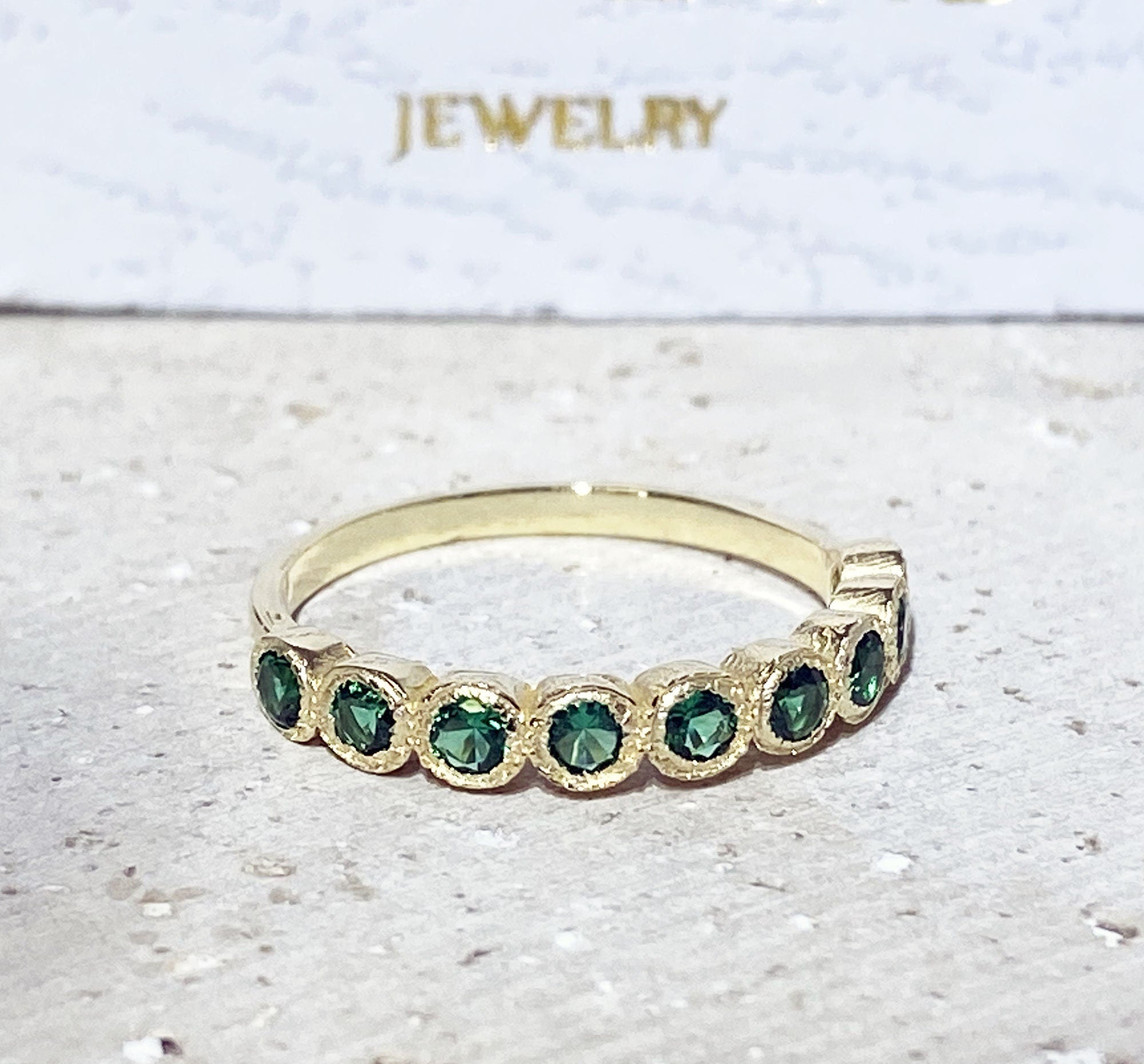 Emerald Ring - May Birthstone Jewelry - Stacking Half Eternity Ring with Nine Round Emeralds - H.L.Jewelry