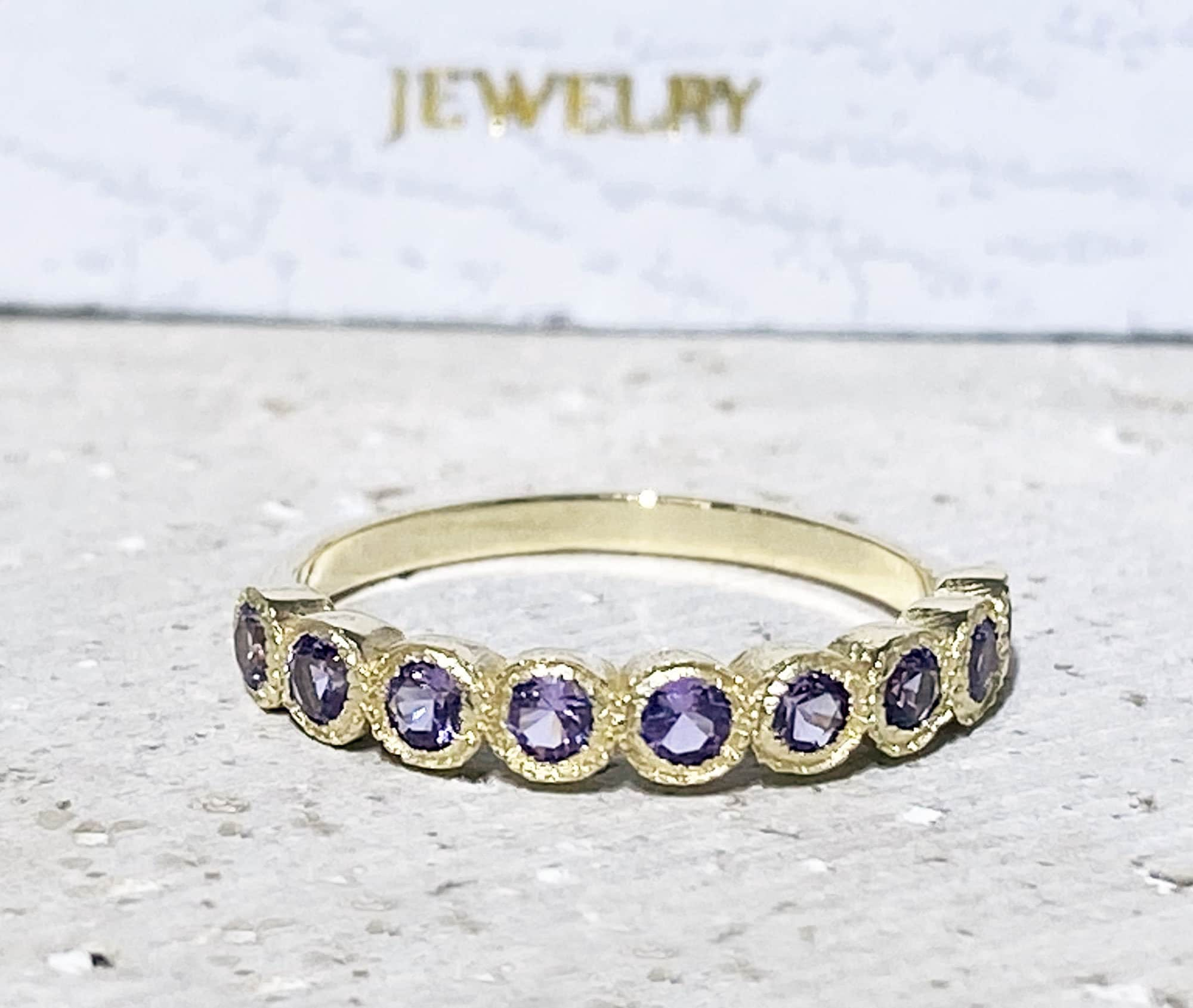 Alexandrite Ring - June Birthstone - Stacking Ring with Nine Round Alexandrite Stones - H.L.Jewelry