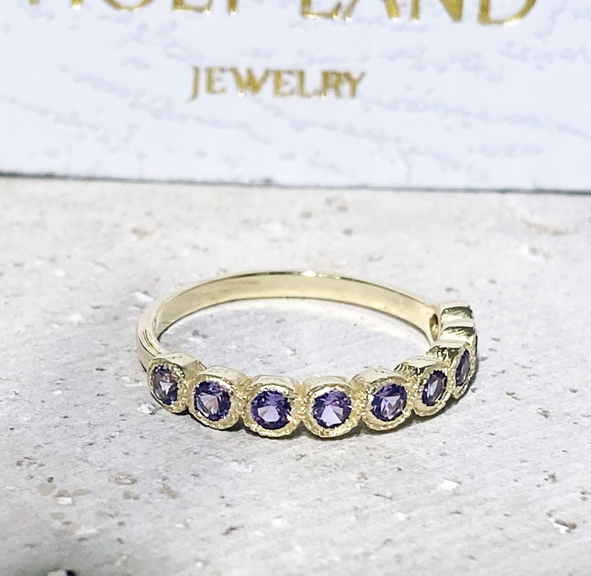 Alexandrite Ring - June Birthstone - Stacking Ring with Nine Round Alexandrite Stones - H.L.Jewelry