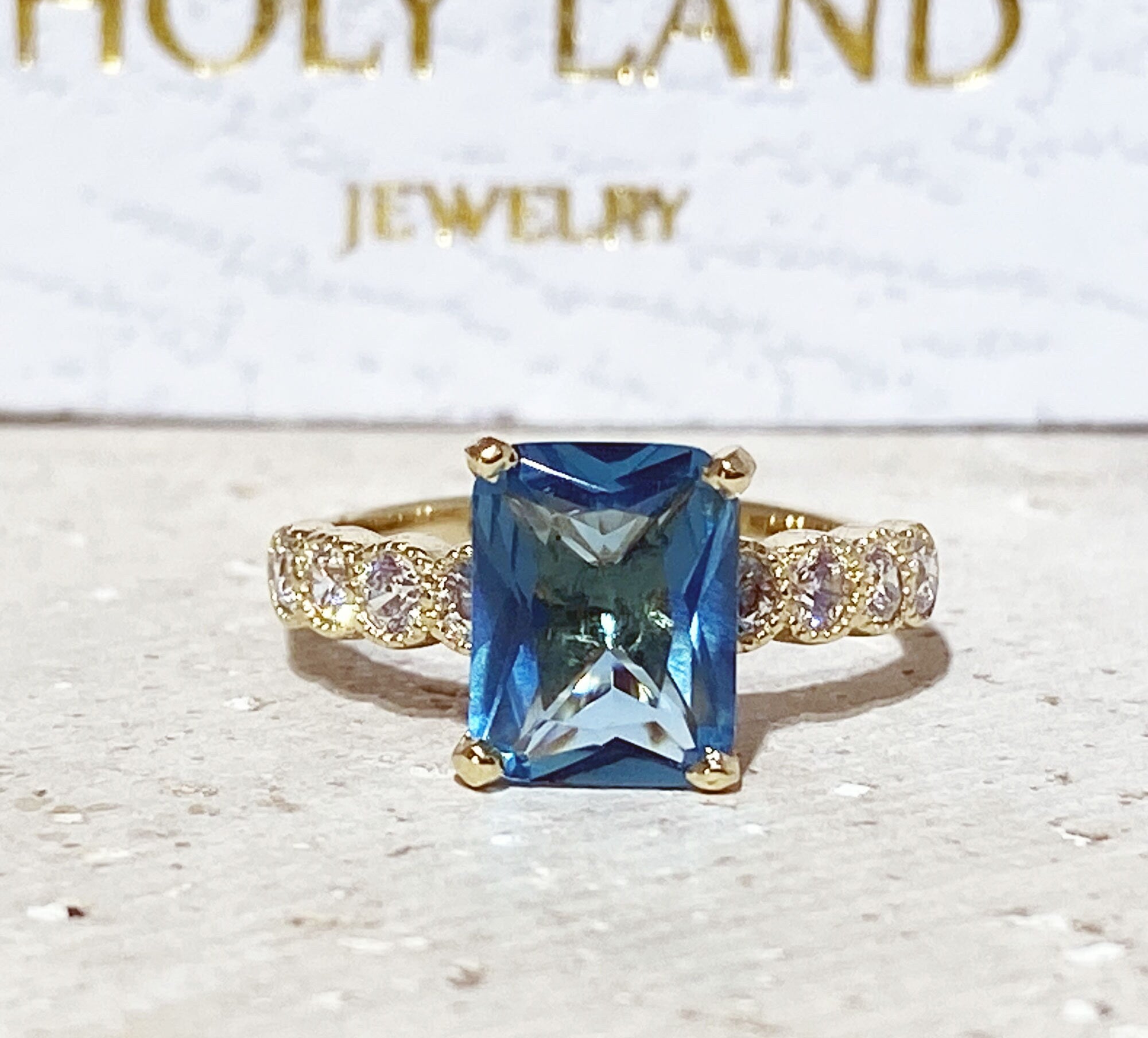 Blue Topaz Ring - December Birthstone - Octagon Blue Topaz Statement Engagement Ring with Clear Quartz Accents - H.L.Jewelry