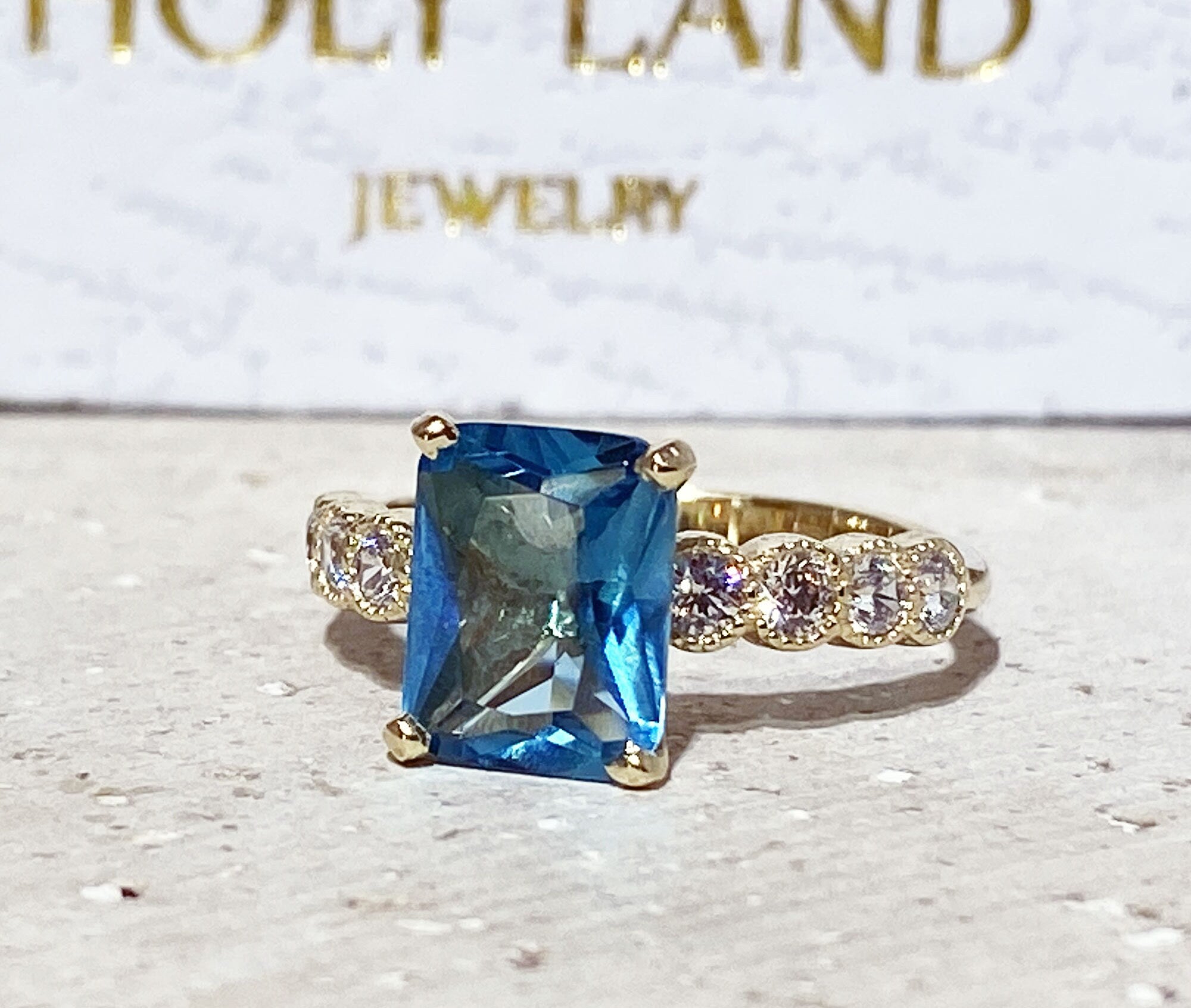 Blue Topaz Ring - December Birthstone - Octagon Blue Topaz Statement Engagement Ring with Clear Quartz Accents - H.L.Jewelry