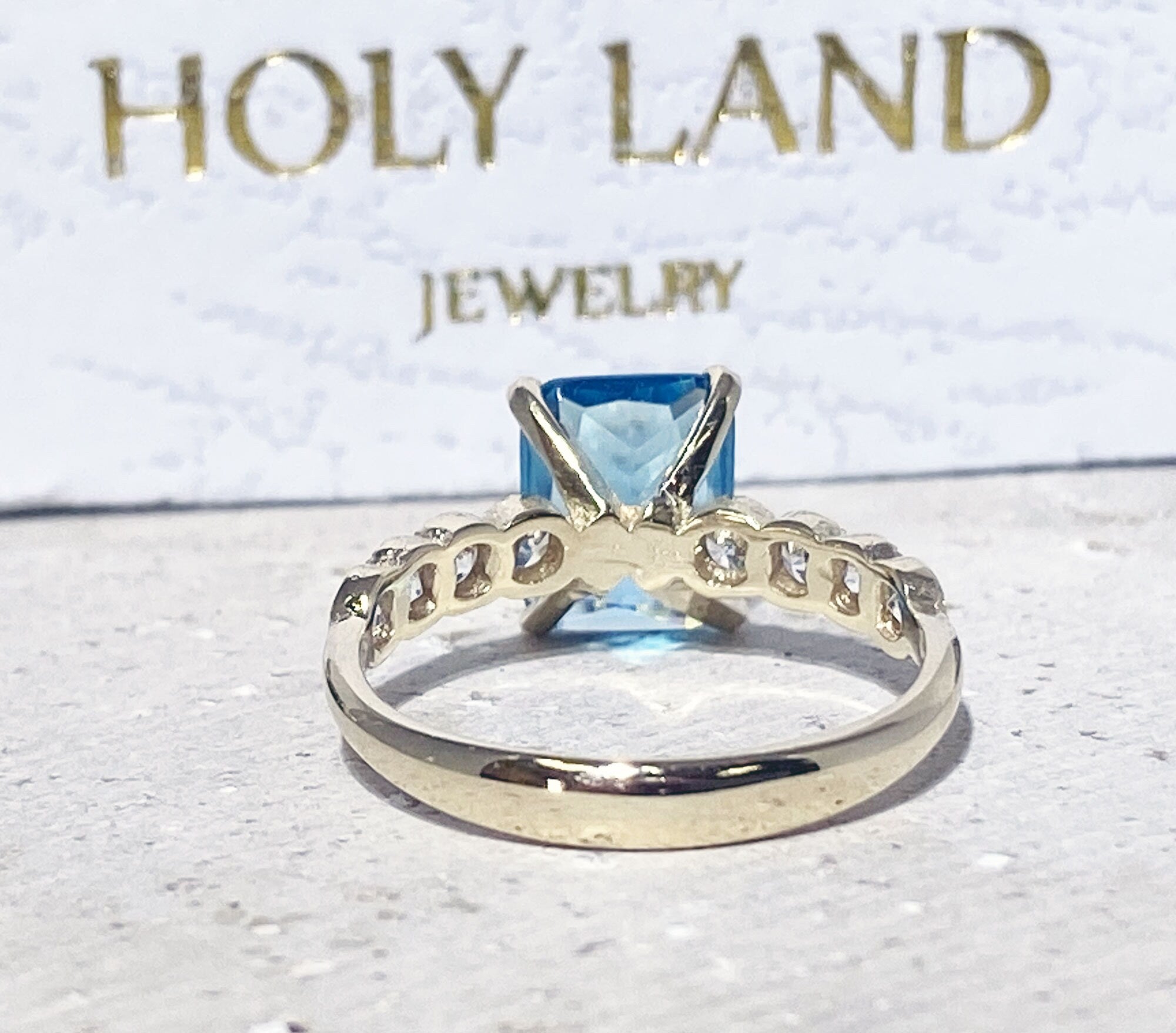 Blue Topaz Ring - December Birthstone - Octagon Blue Topaz Statement Engagement Ring with Clear Quartz Accents - H.L.Jewelry