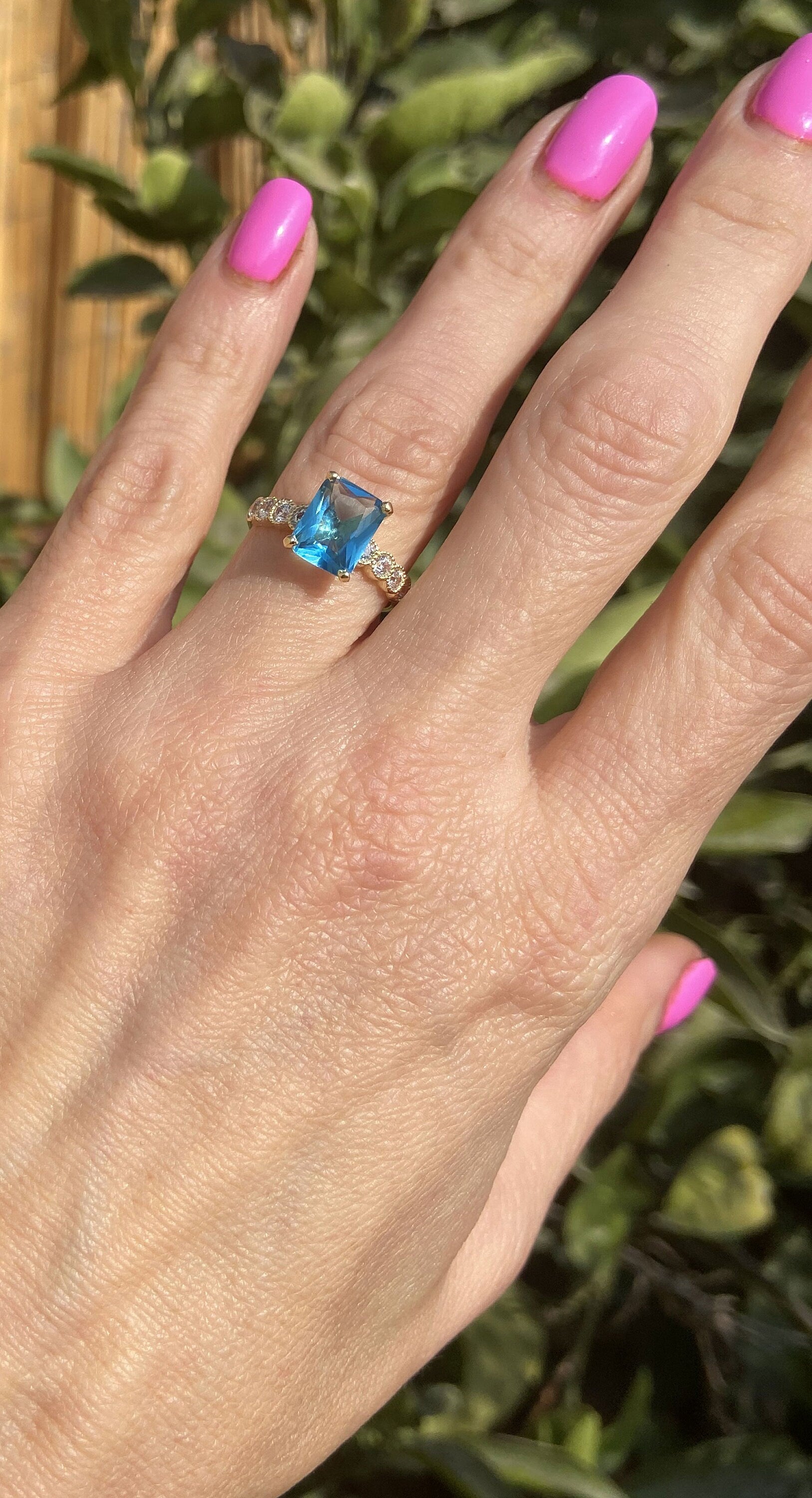 Blue Topaz Ring - December Birthstone - Octagon Blue Topaz Statement Engagement Ring with Clear Quartz Accents - H.L.Jewelry