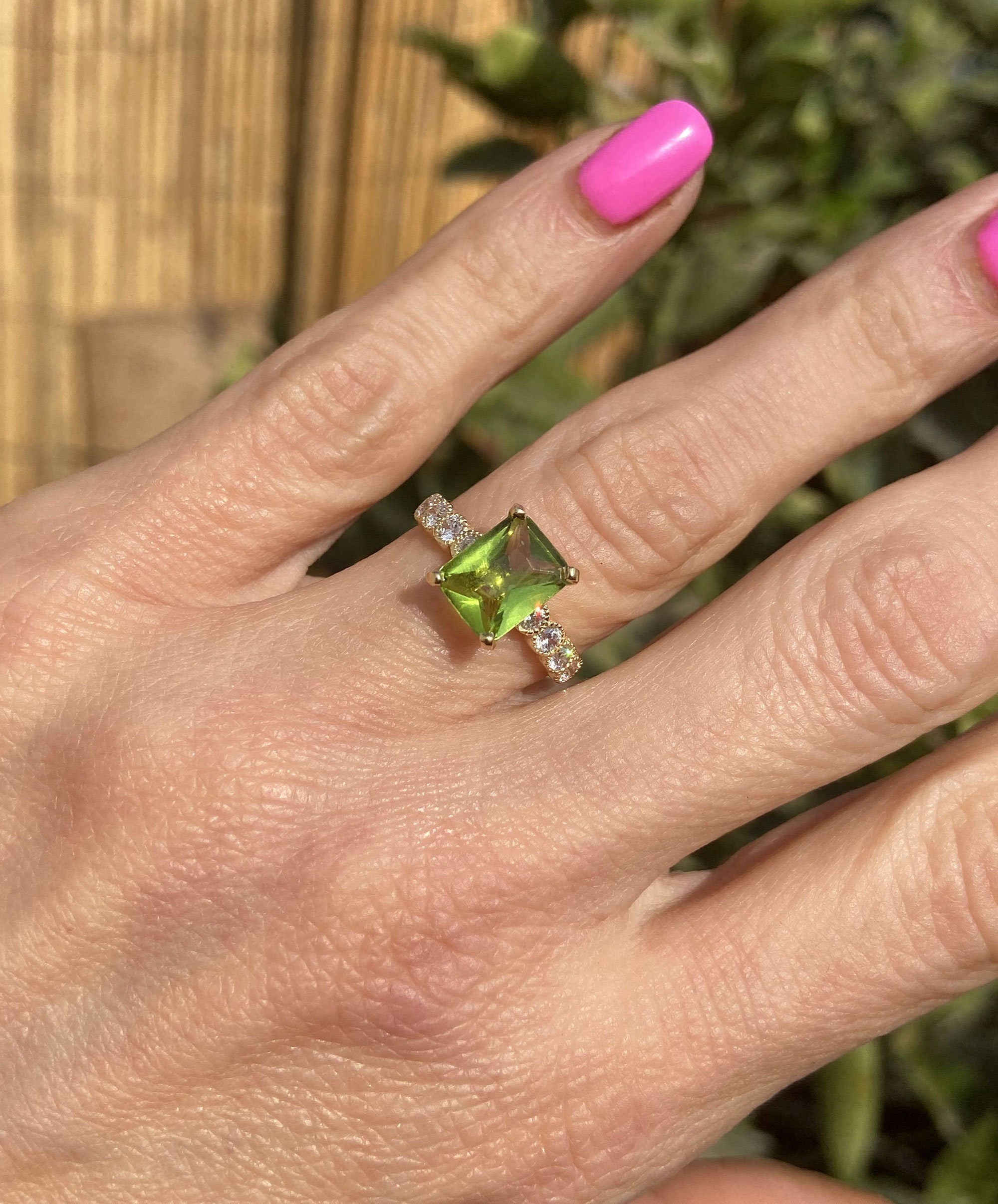 Peridot Ring - August Birthstone - Octagon Peridot Gemstone Statement Engagement Ring with Clear Quartz Accents - H.L.Jewelry