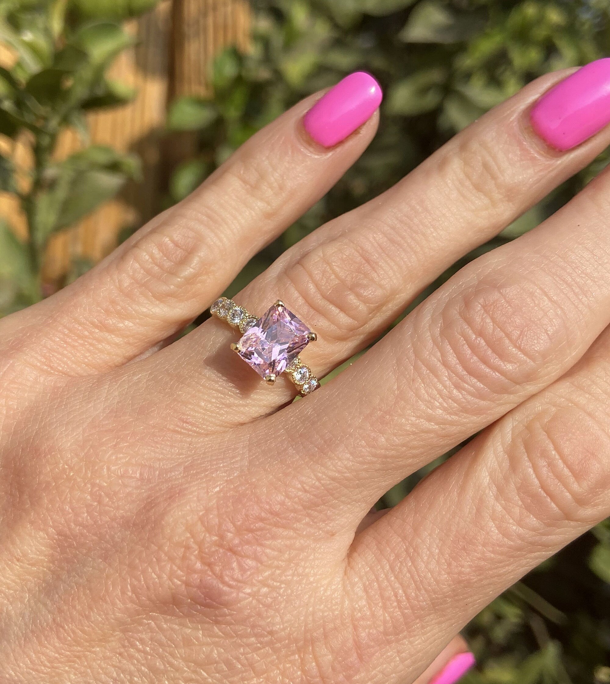 Rose Quartz Ring - Gold Ring - Statement Ring - October Birthstone - Cocktail Ring - Gemstone Band - Engagement Ring - Rectangle Ring - H.L.Jewelry