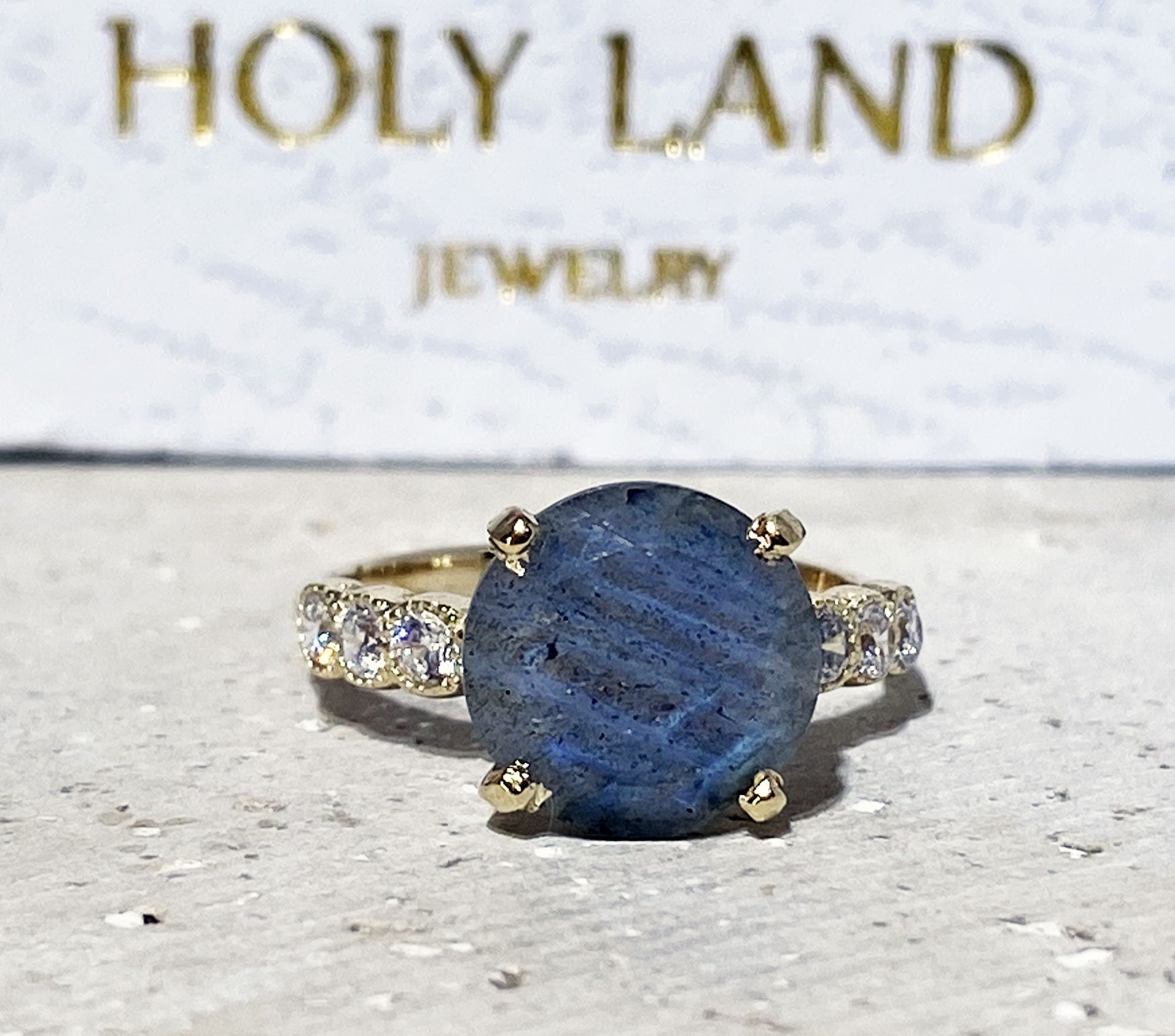 Labradorite Ring - Statement Engagement Ring with Round Labradorite Gemstone and Clear Quartz Accents - H.L.Jewelry