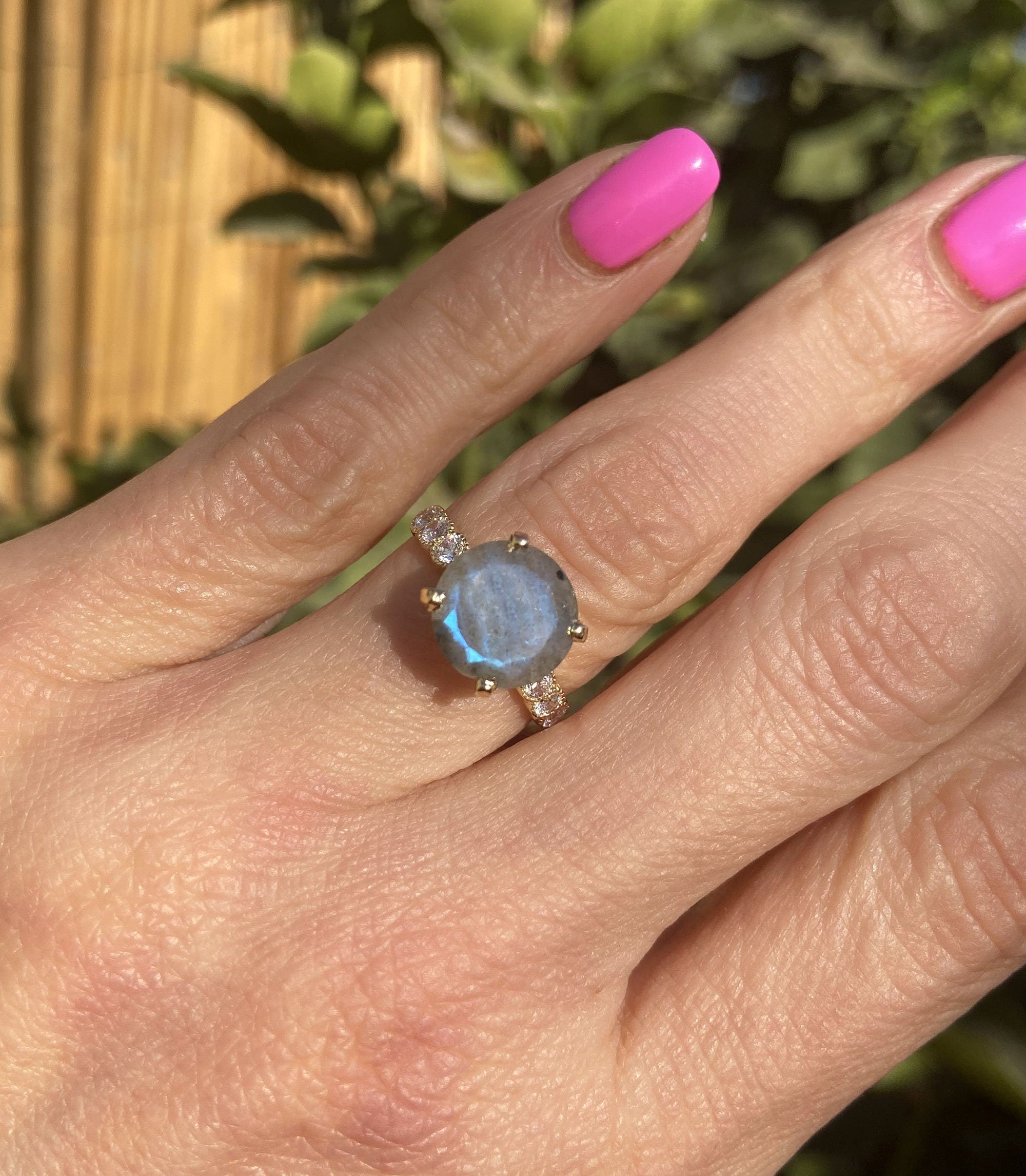 Labradorite Ring - Statement Engagement Ring with Round Labradorite Gemstone and Clear Quartz Accents - H.L.Jewelry