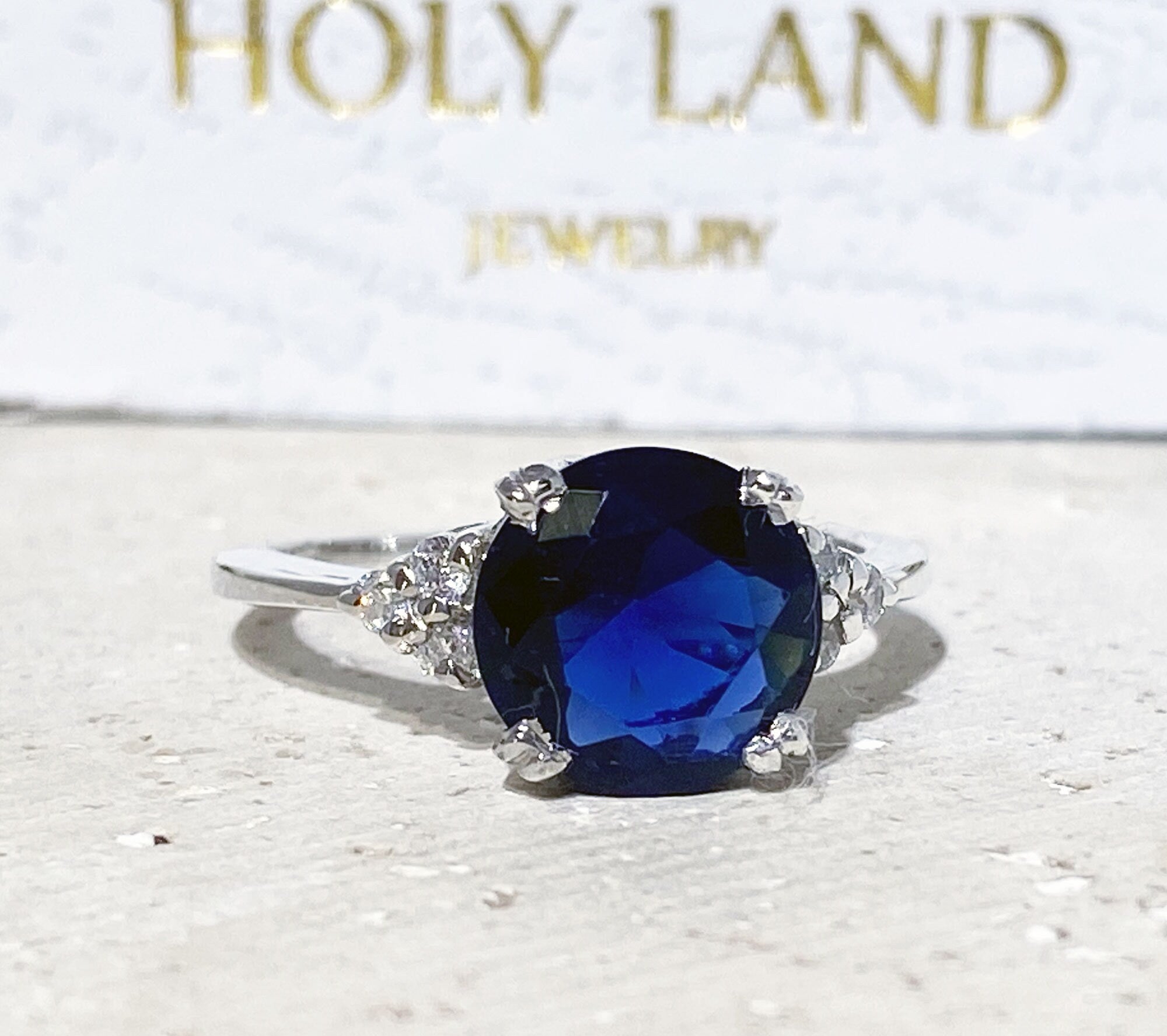 Blue Sapphire Ring - September Birthstone - Round Blue Sapphire Statement Engagement Ring with Clear Quartz Accents - H.L.Jewelry