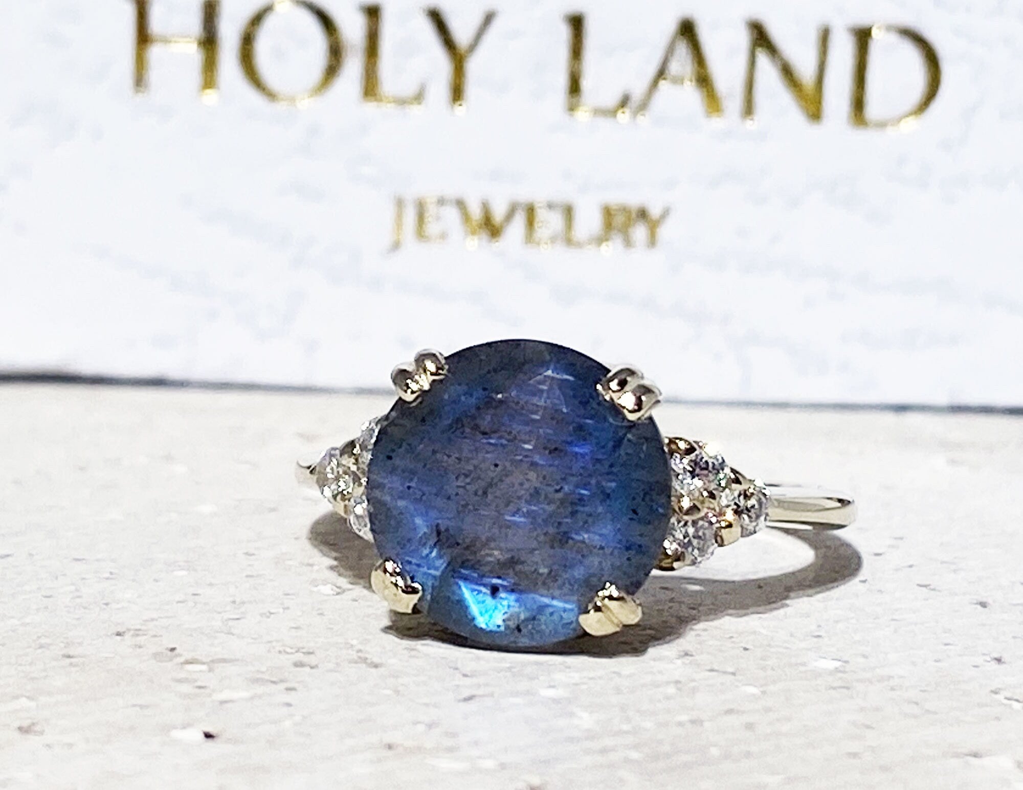 Labradorite Ring - Statement Engagement Ring with Round Labradorite Gemstone and Clear Quartz Accents - H.L.Jewelry