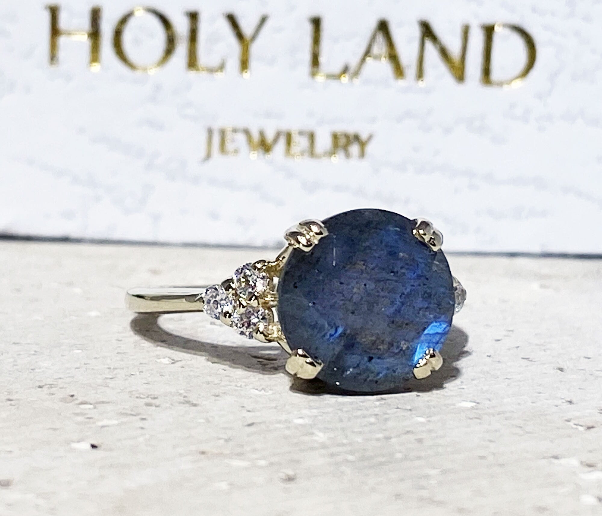 Labradorite Ring - Statement Engagement Ring with Round Labradorite Gemstone and Clear Quartz Accents - H.L.Jewelry