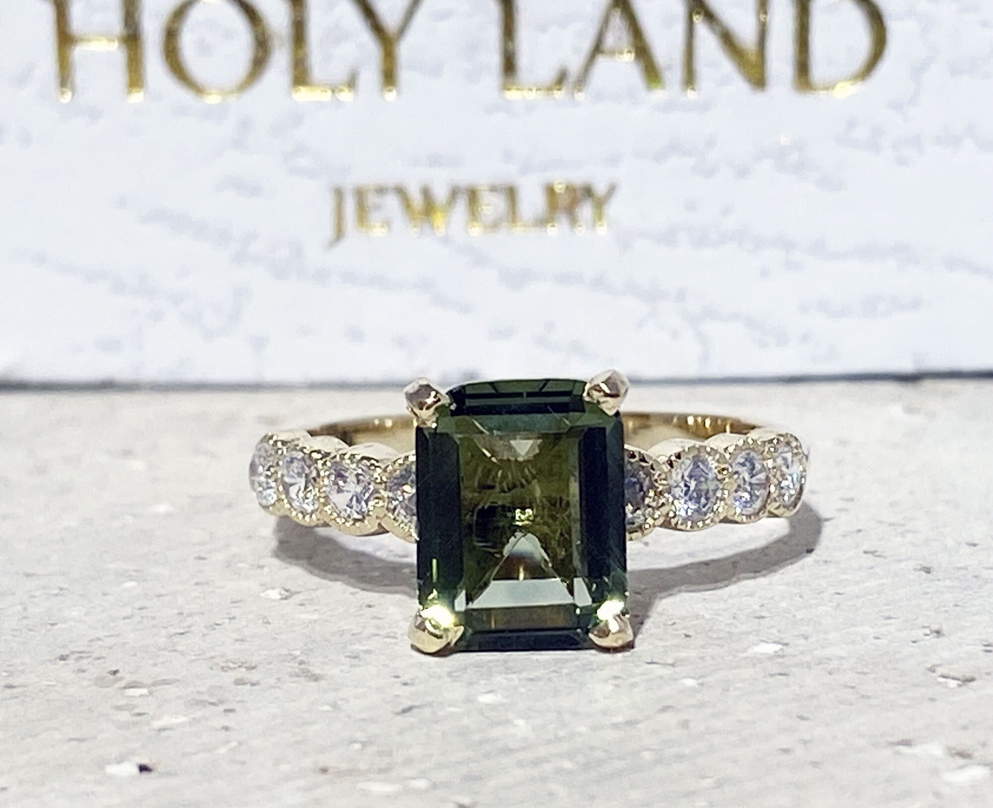 Green Tourmaline Ring - Statement Engagement Ring with Emerald Cut Green Tourmaline Gemstone and Clear Quartz Accents - H.L.Jewelry