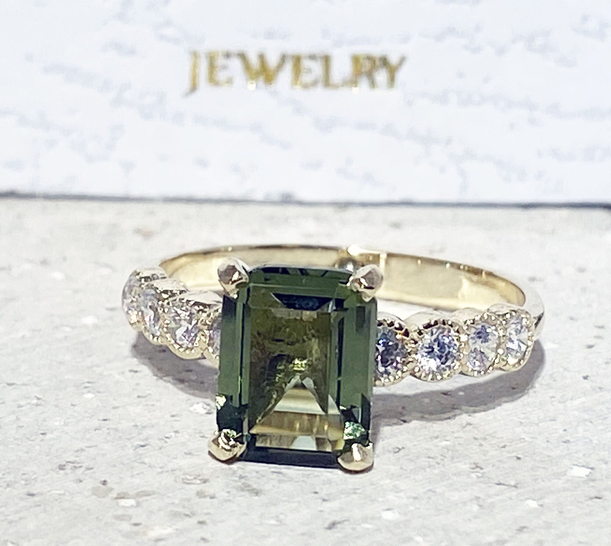 Green Tourmaline Ring - Statement Engagement Ring with Emerald Cut Green Tourmaline Gemstone and Clear Quartz Accents - H.L.Jewelry