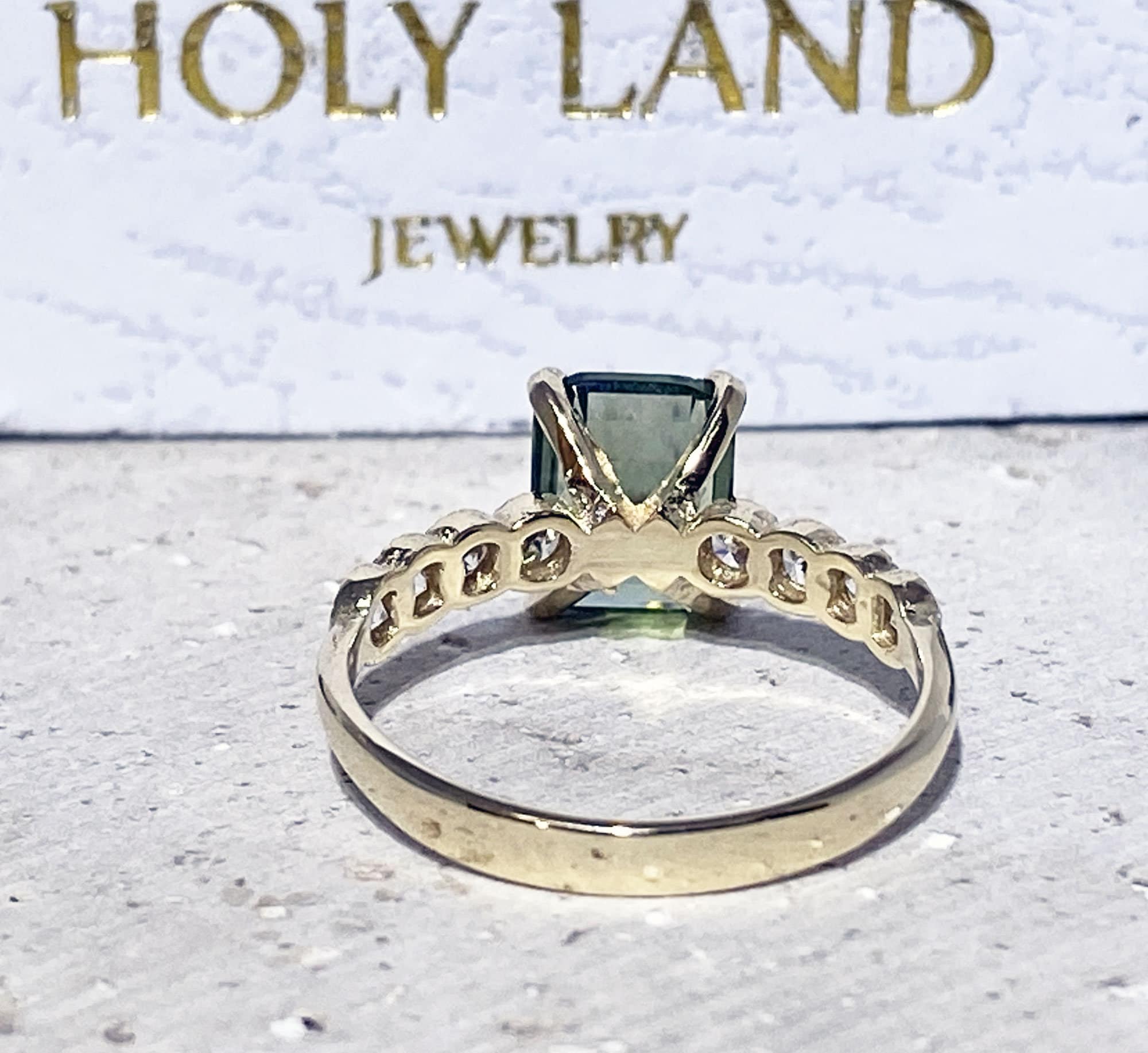 Green Tourmaline Ring - Statement Engagement Ring with Emerald Cut Green Tourmaline Gemstone and Clear Quartz Accents - H.L.Jewelry