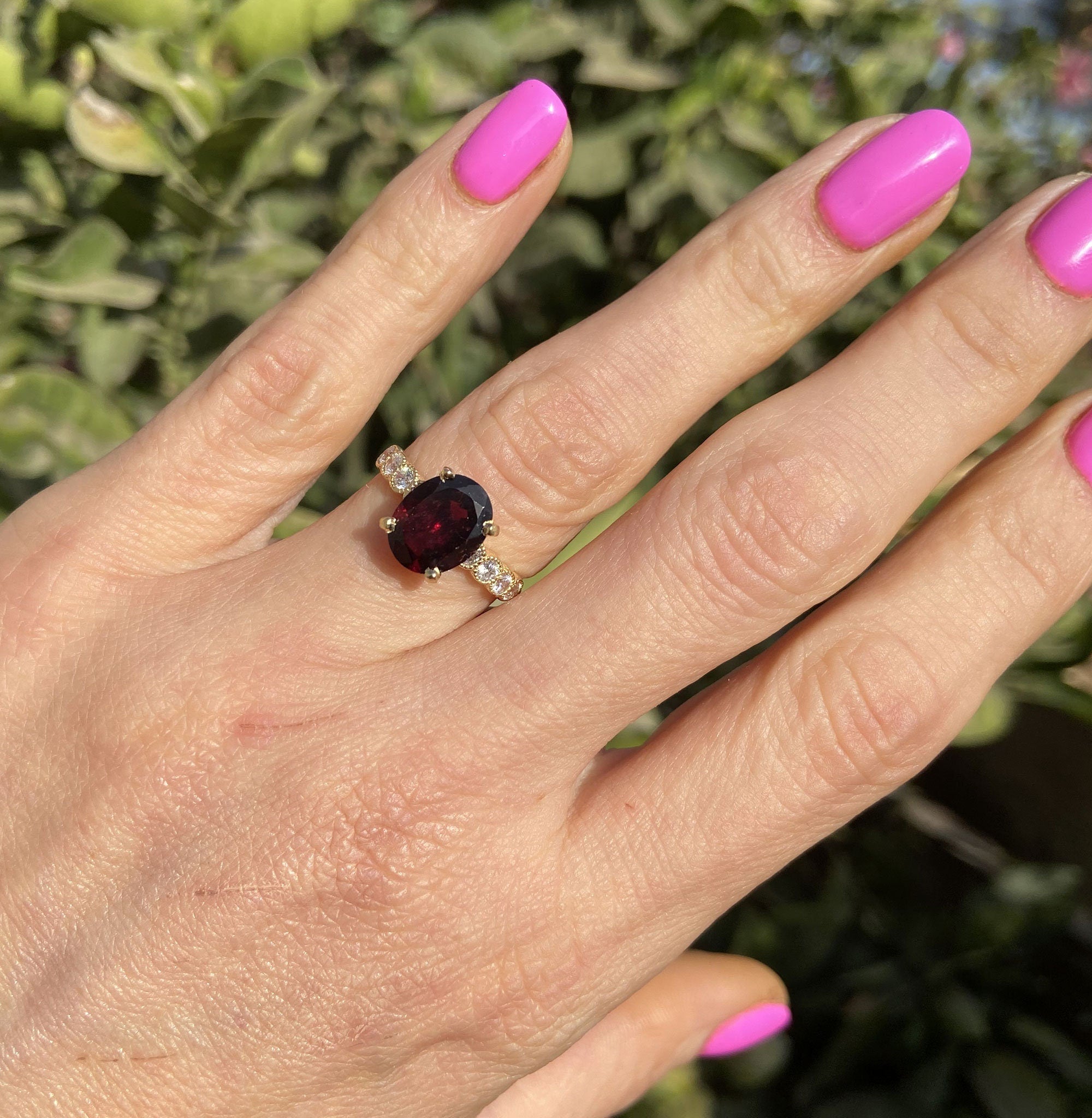 Red Garnet Ring - January Birthstone - Oval Red Garnet Gemstone Statement Engagement Ring with Clear Quartz Accents - H.L.Jewelry