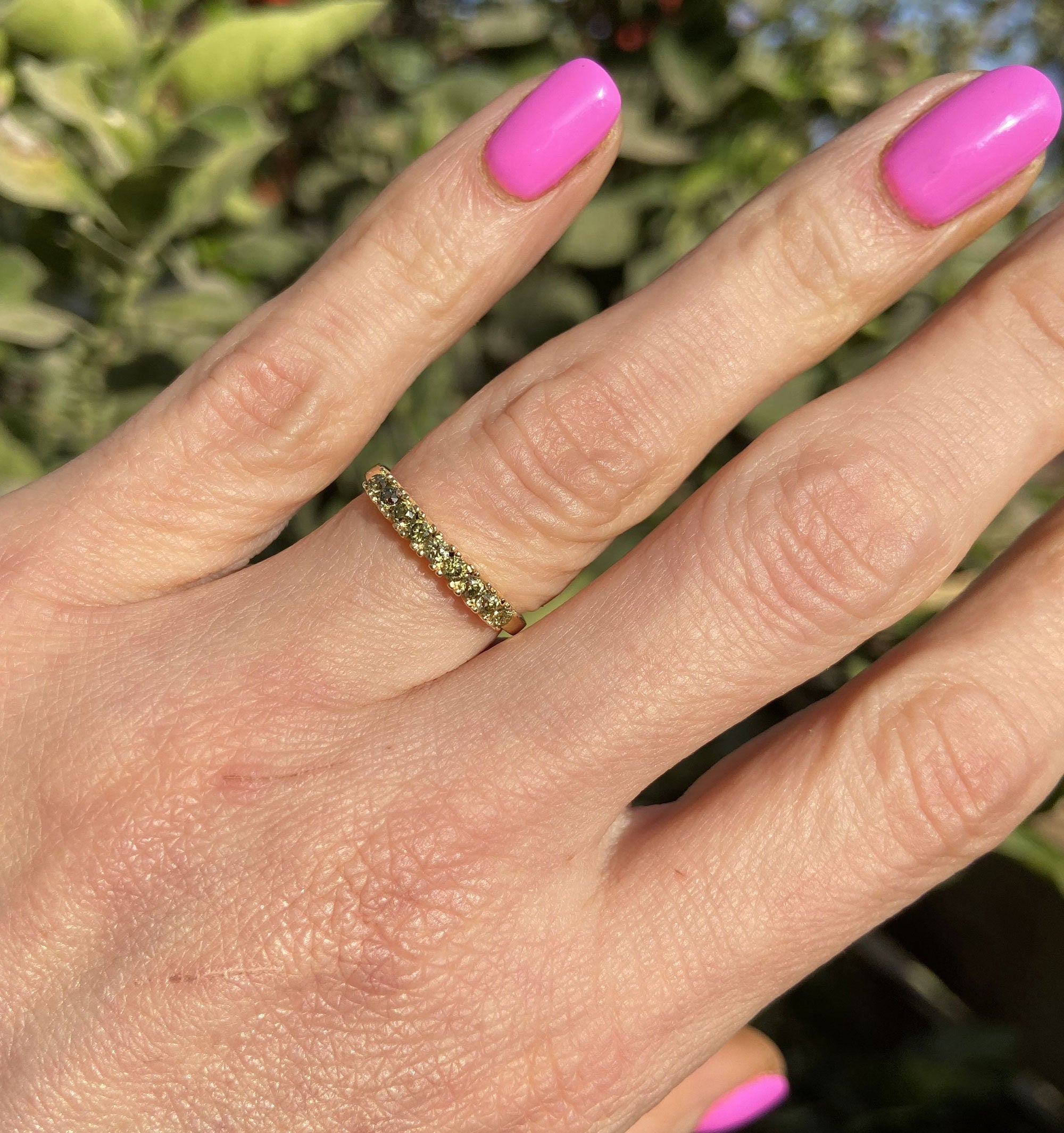 Peridot Ring - August Birthstone - Stacking Half Eternity Ring with Nine Round Peridot Gemstones - H.L.Jewelry