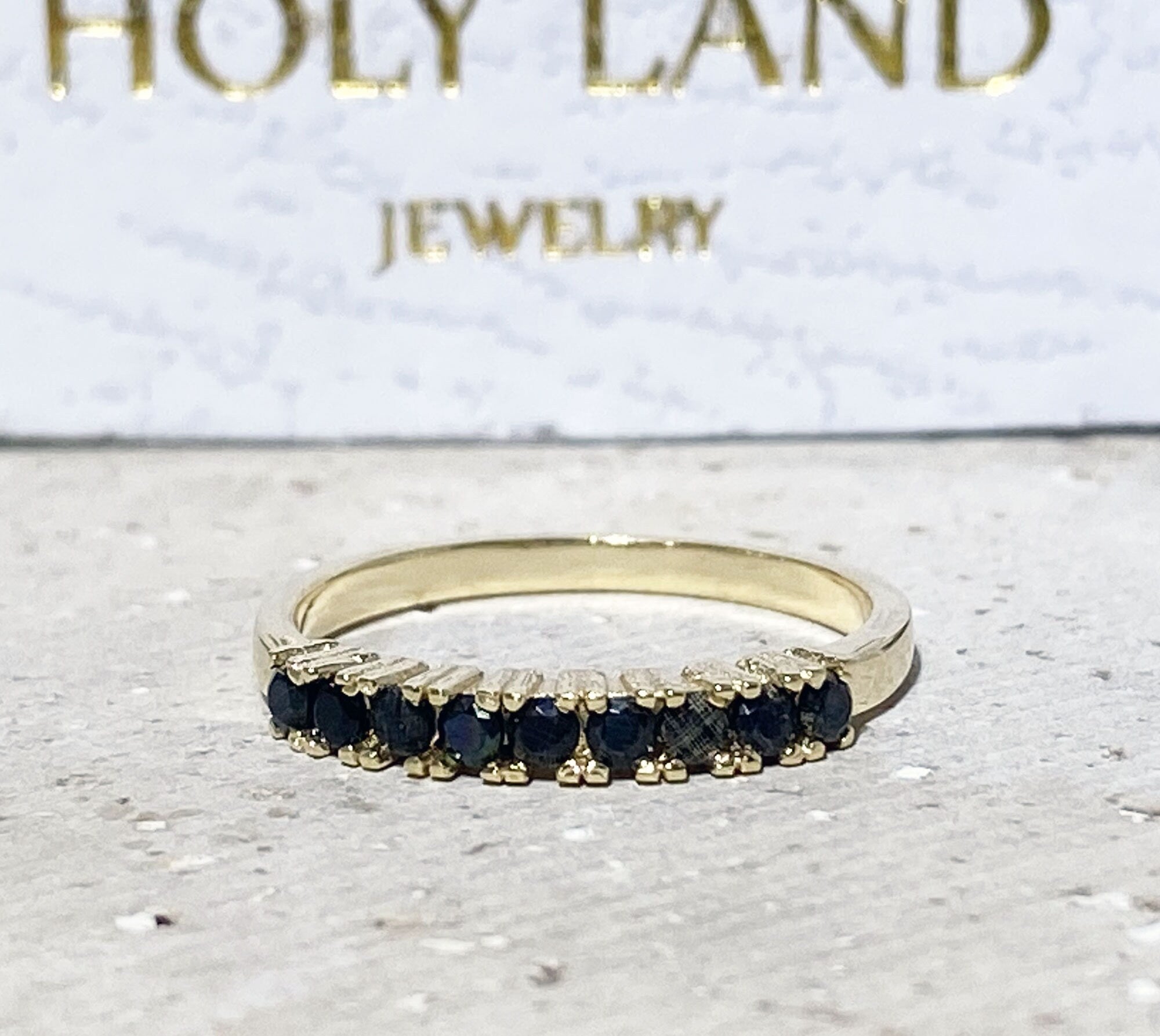 Black Onyx Ring - December Birthstone - Stacking Ring with Nine Round Black Onyx Gemstones - H.L.Jewelry