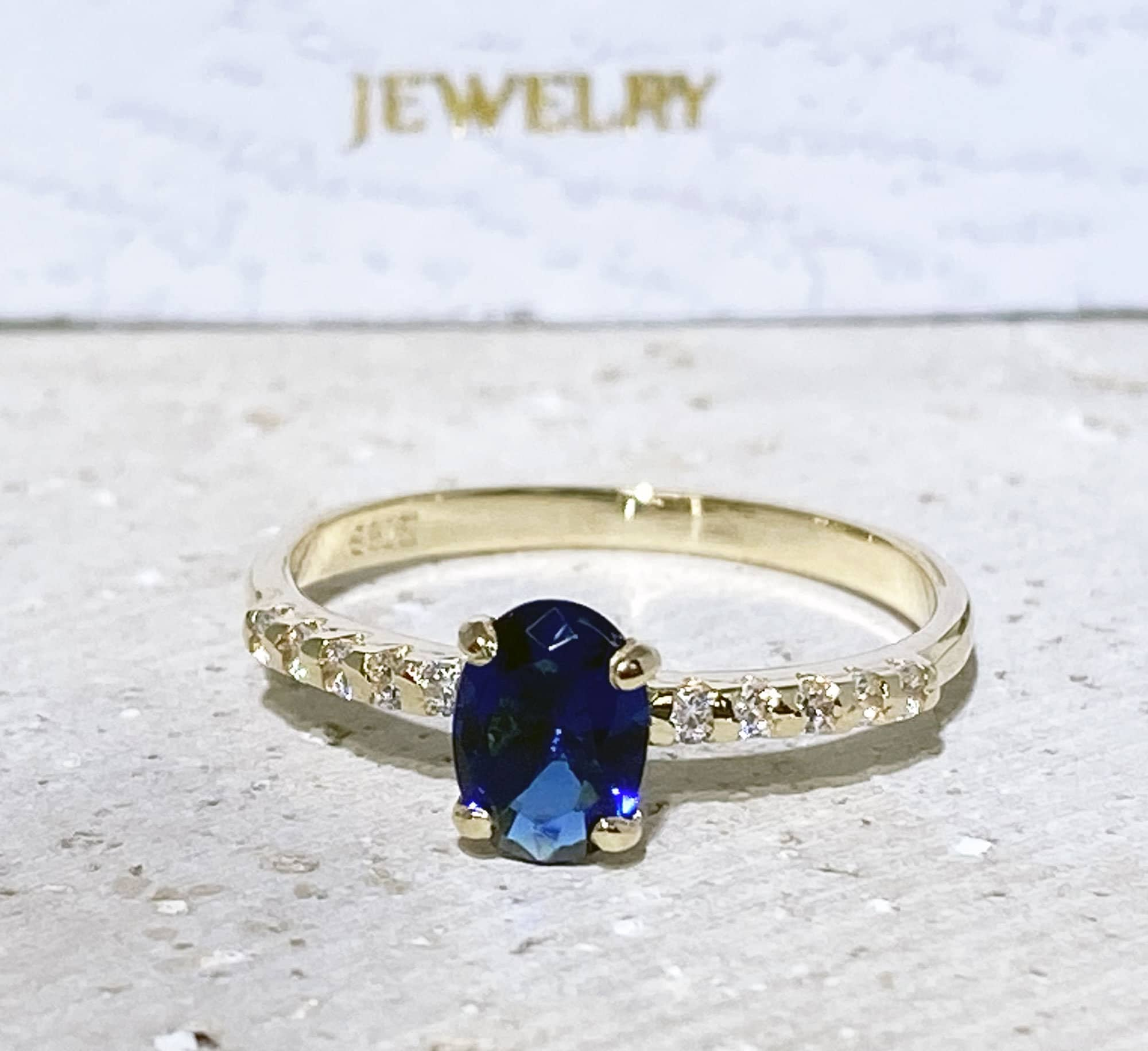 Blue Sapphire Ring - September Birthstone - Oval Blue Sapphire Gemstone Ring with Clear Quartz Accents - H.L.Jewelry