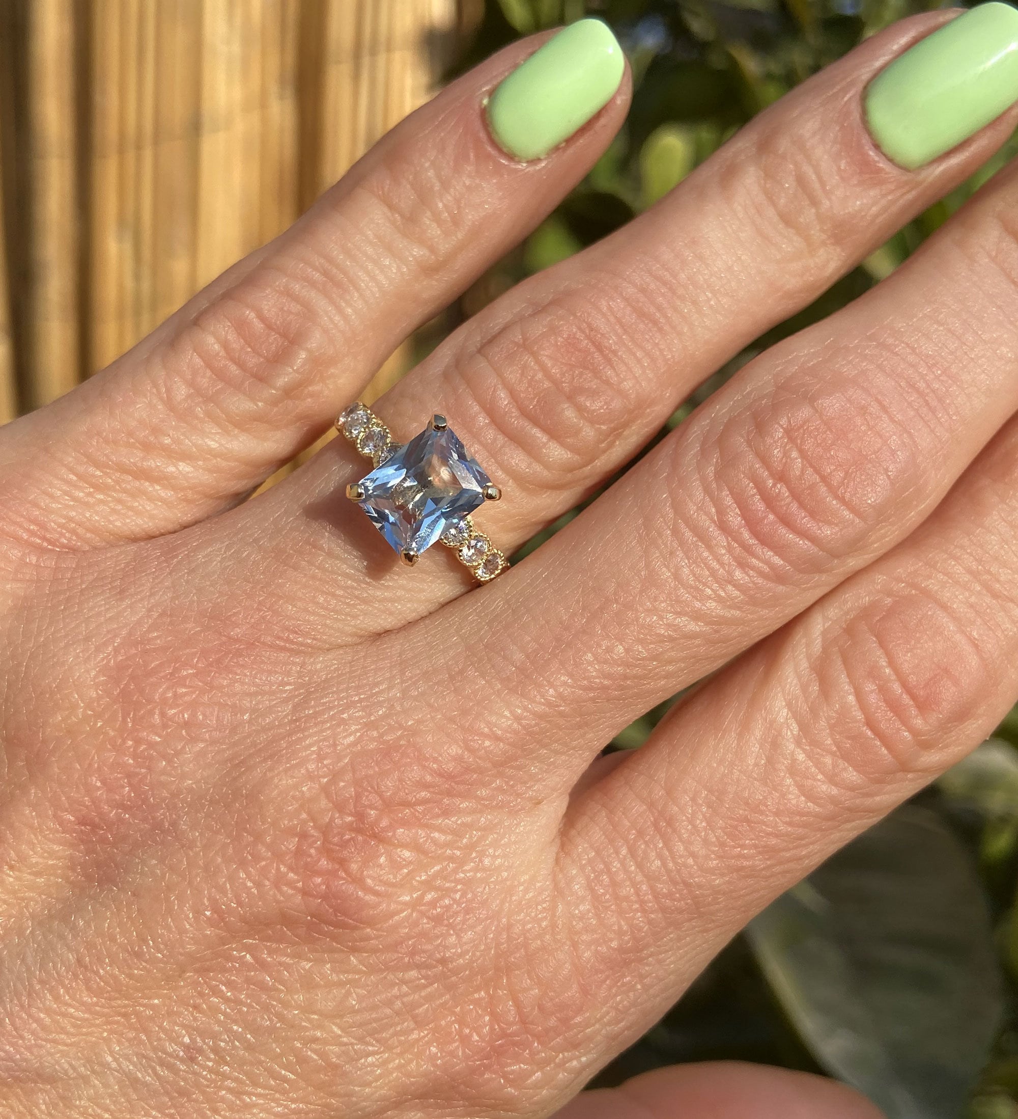 Aquamarine Ring - March Birthstone - Statement Engagement Ring with Octagon Aquamarine and Clear Quartz Accents - H.L.Jewelry