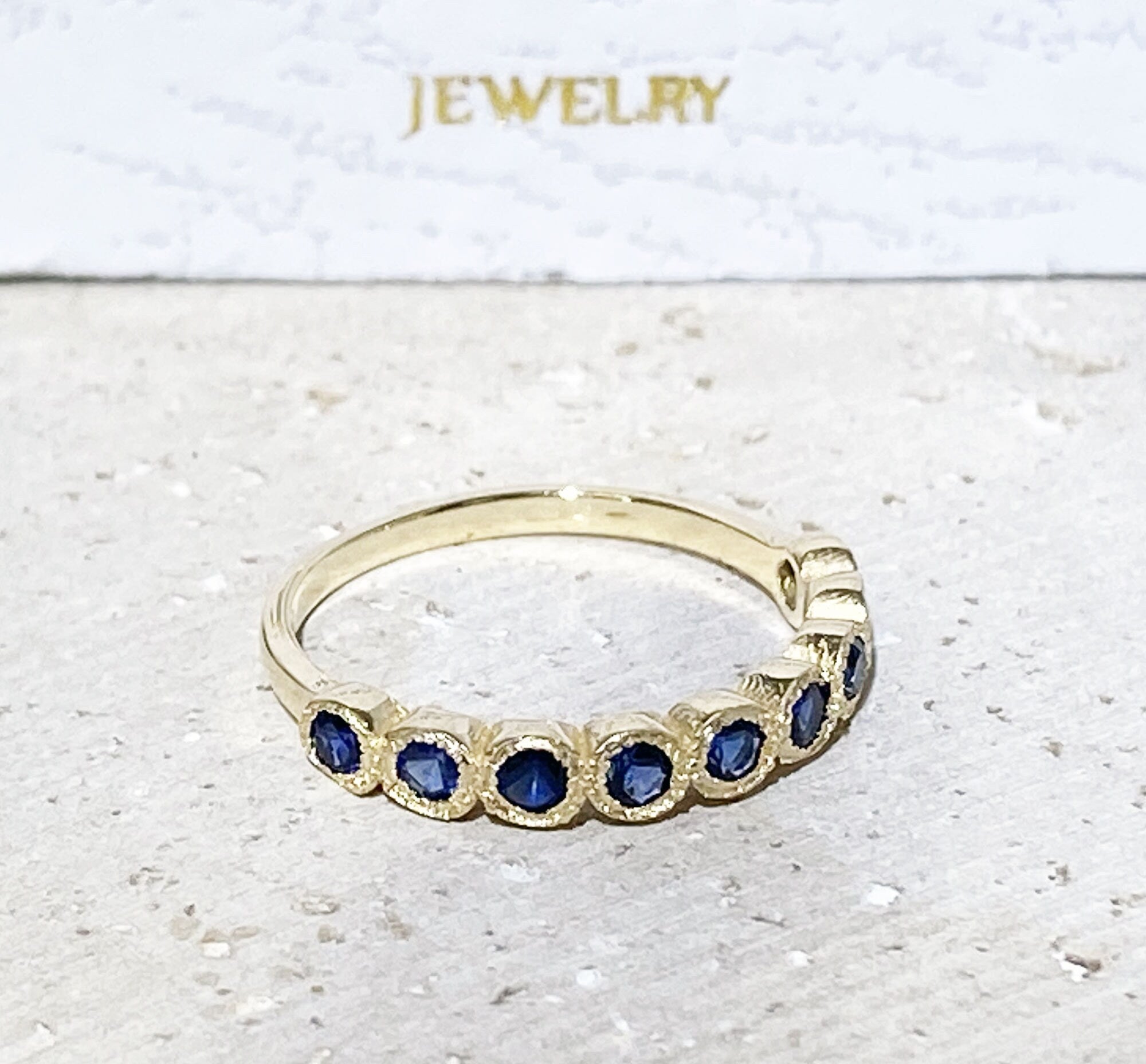 Blue Sapphire Ring - September Birthstone - Stacking Ring with Nine Round Blue Sapphire Gemstones - H.L.Jewelry