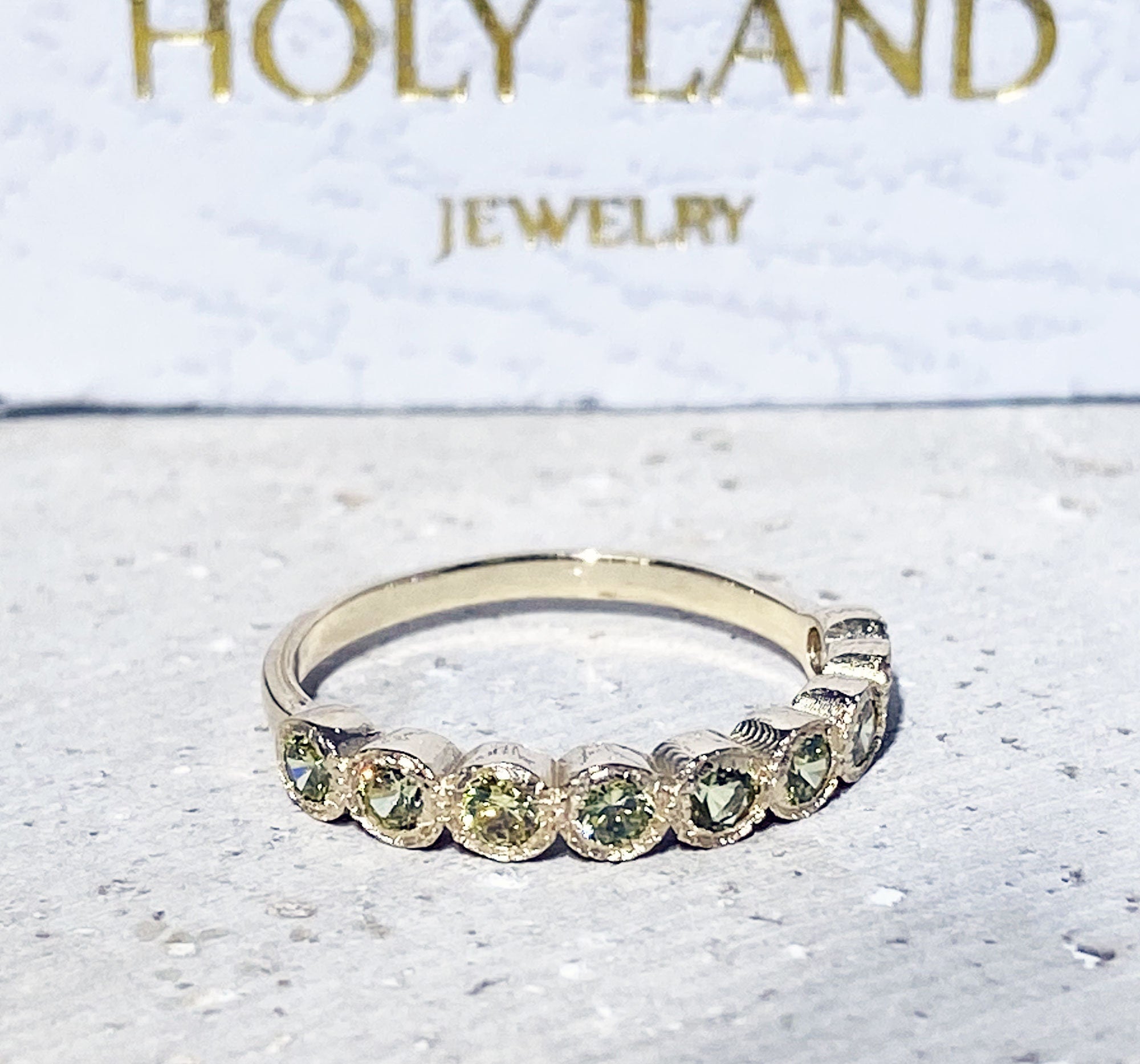 Peridot Ring - August Birthstone - Stacking Half Eternity Ring with Nine Round Peridot Gemstones - H.L.Jewelry