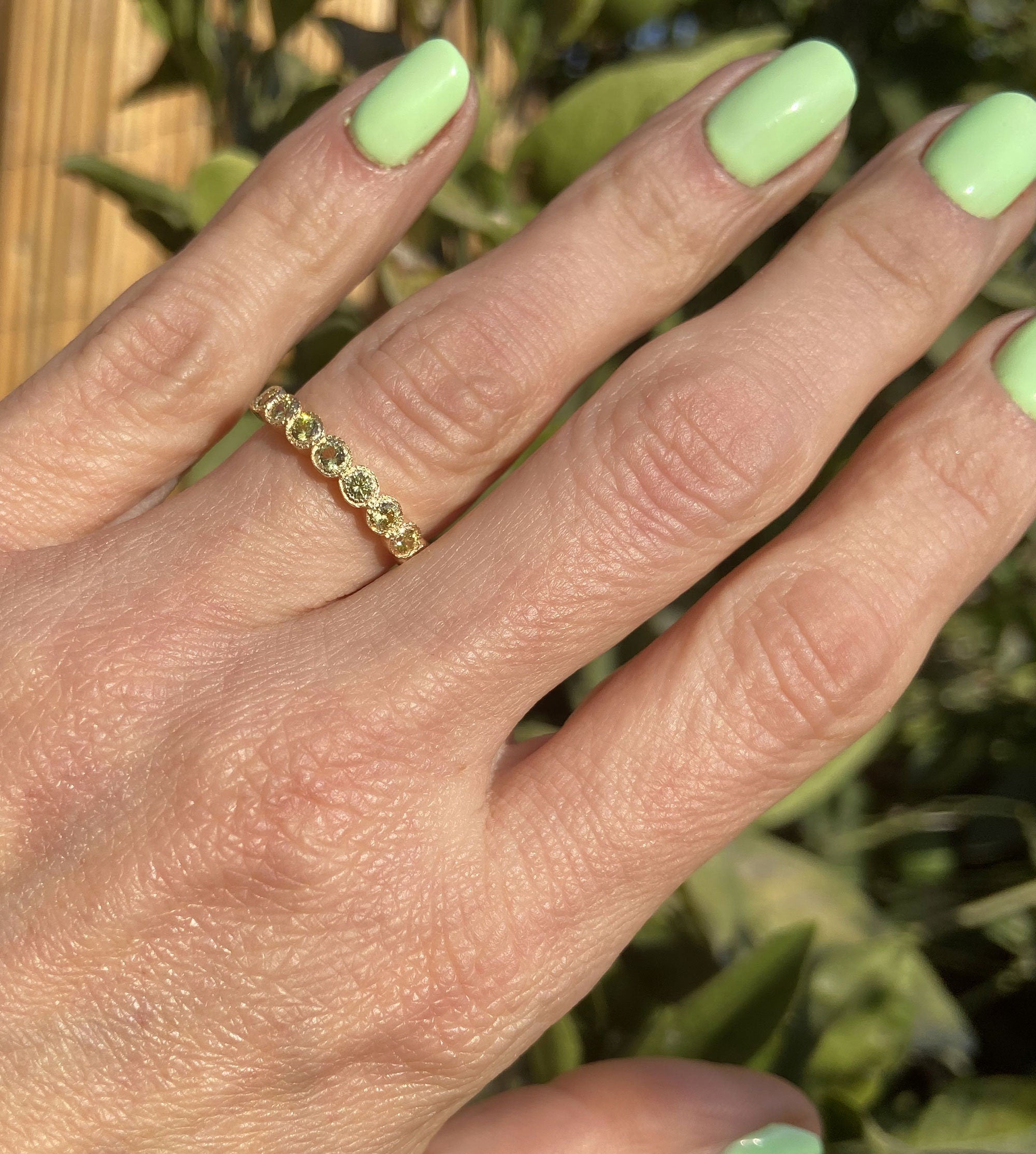 Peridot Ring - August Birthstone - Stacking Half Eternity Ring with Nine Round Peridot Gemstones - H.L.Jewelry