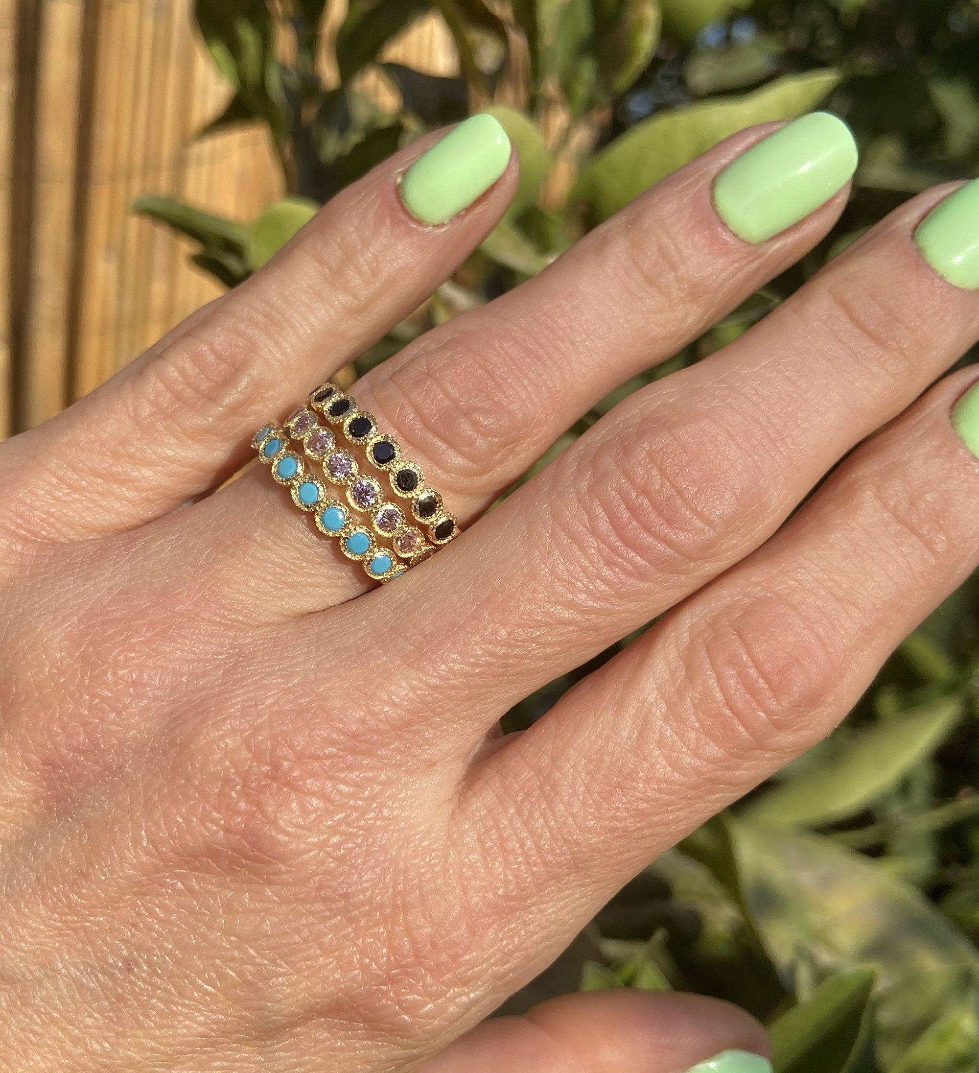 Peridot Ring - August Birthstone - Stacking Half Eternity Ring with Nine Round Peridot Gemstones - H.L.Jewelry