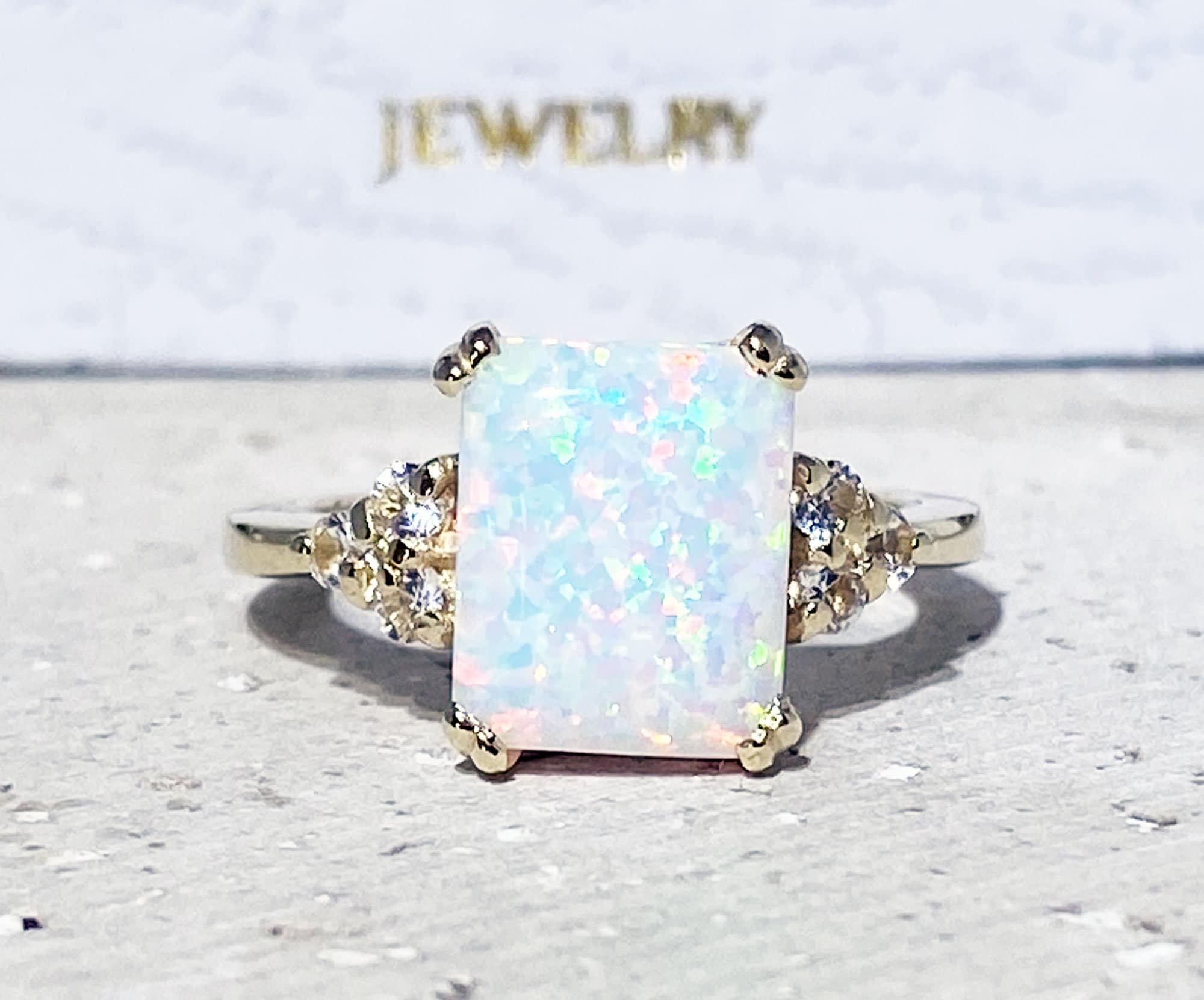 White Opal Ring - Octagon White Opal Gemstone Statement Engagement Ring with Clear Quartz Accents - H.L.Jewelry