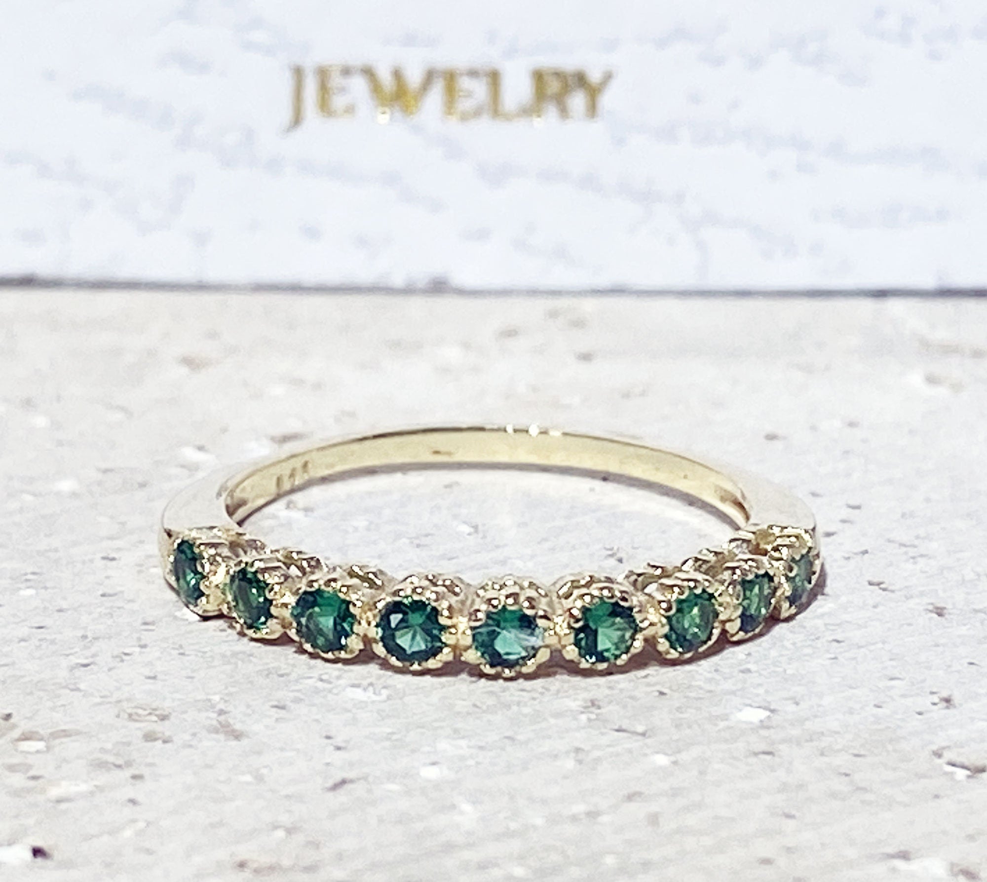 Emerald Ring - May Birthstone - Delicate Stacking Half Eternity Ring with Nine Round Emerald Gemstones - H.L.Jewelry