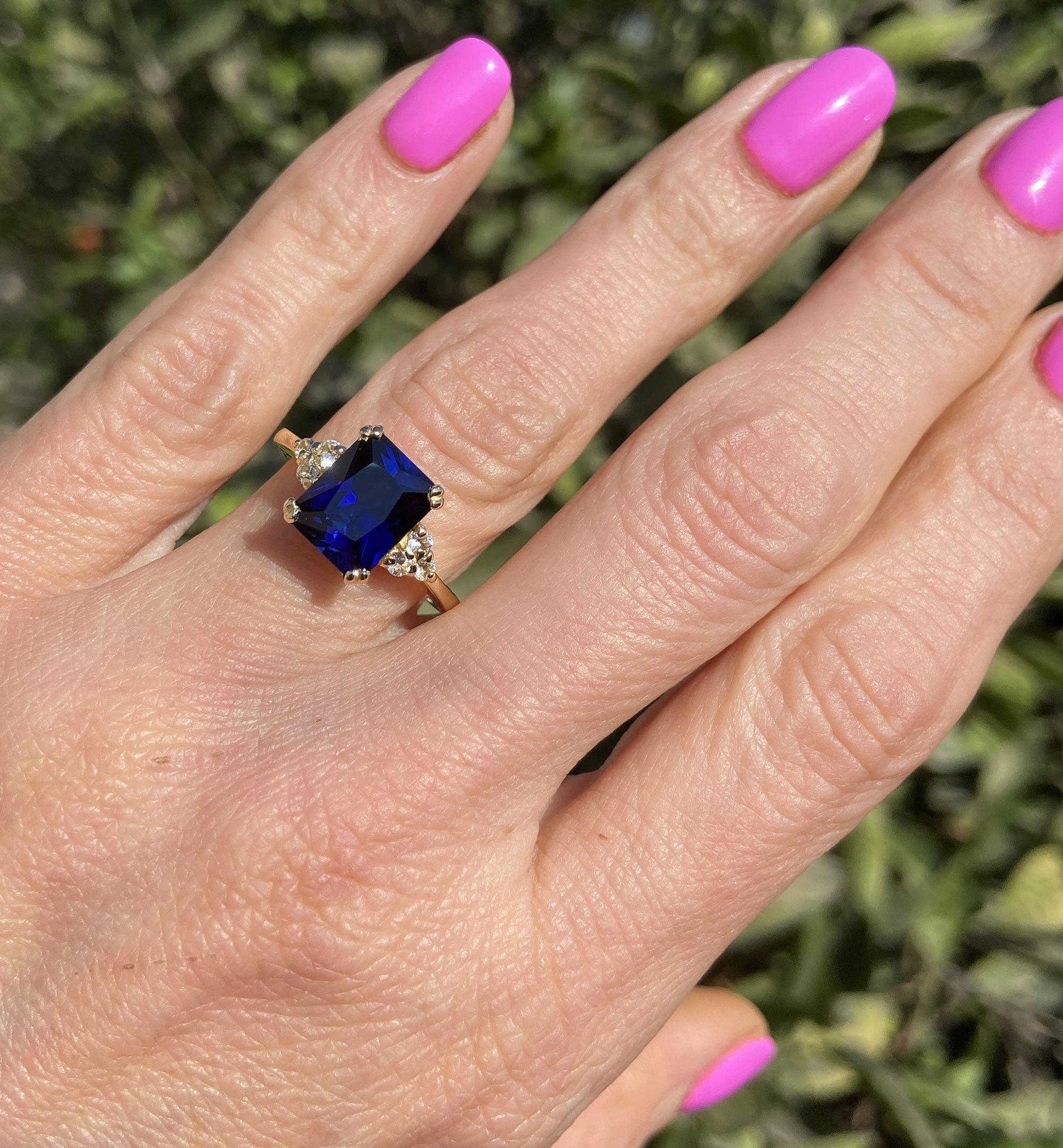 Blue Sapphire Ring - September Birthstone - Octagon Blue Sapphire Gemstone Statement Engagement Ring with Quartz Accents - H.L.Jewelry