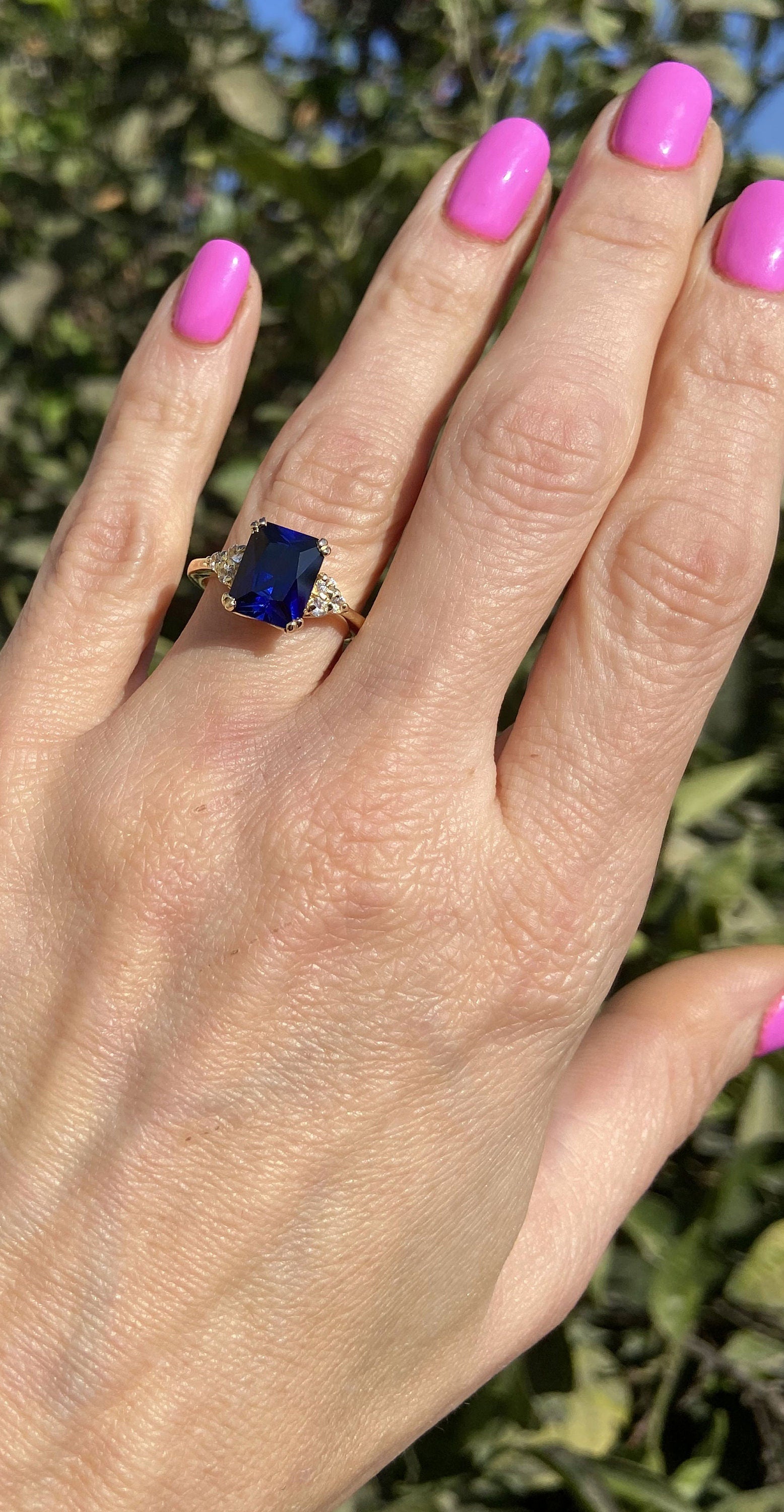 Blue Sapphire Ring - September Birthstone - Octagon Blue Sapphire Gemstone Statement Engagement Ring with Quartz Accents - H.L.Jewelry